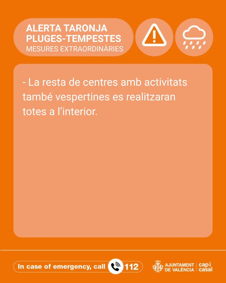 AjuntamentVLC's tweet photo. ⚠️🌡️ Davant l'alerta taronja 🟠 per 🌧️ pluges i ⛈️ tempestes establertes pel @GVA112 per a demà, 16 de setembre, a #València, l'Ajuntament ha adoptat les següents mesures 👇.

Extrema les precaucions i seguix les recomanacions 🔽

+ℹ️🔗https://t.co/TRNmwwYkO3 https://t.co/hAv3DJprCM