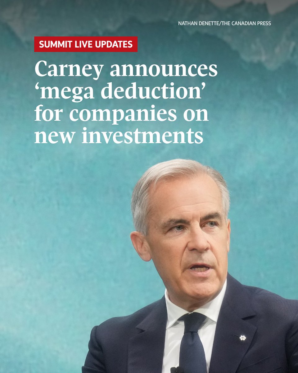 globeandmail's tweet photo. Prime Minister Mark Carney just  announced a “productivity mega deduction” that allows companies to immediately deduct 100 per cent of the cost of new investment across far more assets than previously allowed.

It makes a tax measure announced in last year’s federal budget, the “productivity super-deduction,” more generous.

The new regime roughly cuts Canada’s marginal effective tax rate on new business investment in half, from 13 per cent to 6.4 per cent. The government says that is the lowest rate of any major advanced economy.

🔗 Follow our reporters' live coverage of all-things related to the investment summit on Day 2: https://t.co/41y4BJSEKB