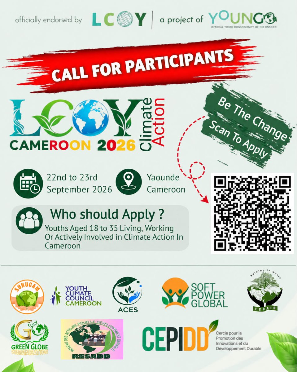 SSuhucam's tweet photo. If you are aged between 18 and 35, passionate about climate action and want to contribute to shaping the future of Cameroon’s climate agenda, we invite you to apply.
Scan the QR code on the flyer to apply or use the link
https://t.co/DSxpV5kh8B 
@youngo_unfccc @unicefcameroon https://t.co/0VVyrwHdef