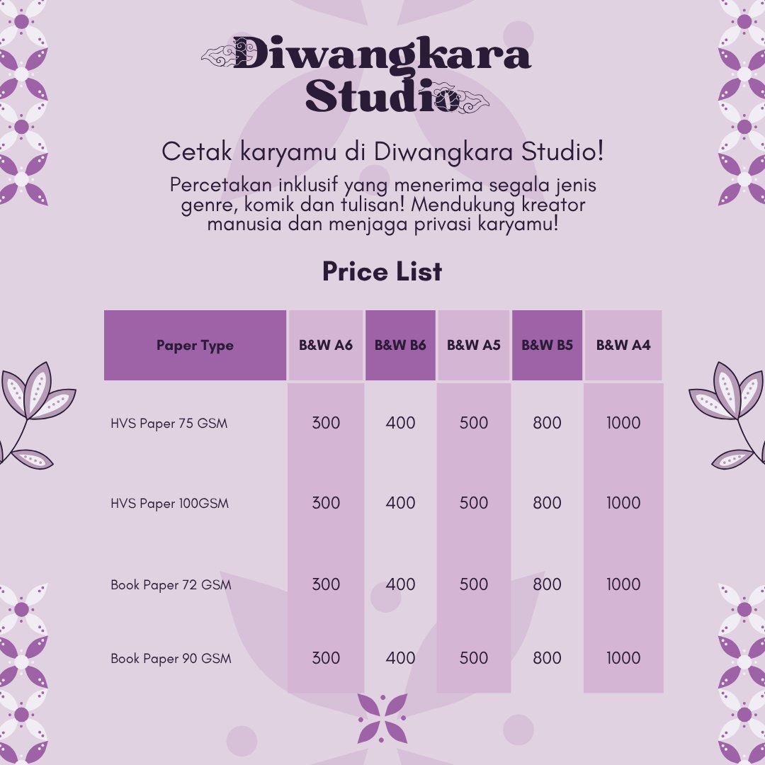 diwangkaraprint's tweet photo. NEW! 

Diwangkara Studio sekarang sudah bisa cetak B5 dan A4 lhoo! Yukk simak harga-harganya~ ✨ https://t.co/PaSNWTnCGX