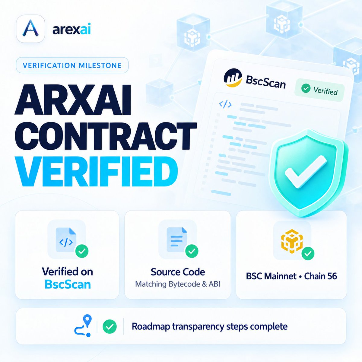 ArexAIData's tweet photo. Verification milestone reached. β
The ARXAI contract source code is now verified on BscScan, with matching bytecode and ABI on BSC Mainnet.
Our roadmap transparency steps are also complete.
Built openly. Verified on-chain.
#ARXAI #ArexAI #BNBChain #BscScan https://t.co/cuWT2qST7A