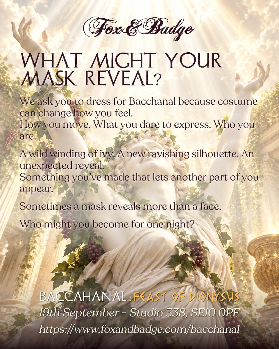 FoxandBadge's tweet photo. Dress for possibility. Follow your curiosity.
Who might you become for this one precious night?

This is your moment.
BACCHANAL: Feast of Dionysus
19th September · 10pm-6am · Studio 338
https://t.co/fWXhrdN6Qa
<3 https://t.co/cixQNZfvsz