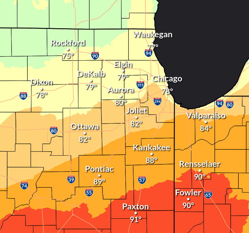 NWSChicago's tweet photo. There will be a large gradient in high temperatures today across the area owing to clouds and showers across northern Illinois. We're still optimistic in some clearing this afternoon north of I-88, but it's possible we're still too warm near the Wisconsin state line. #ILwx #INwx https://t.co/0Epzz8mtq3