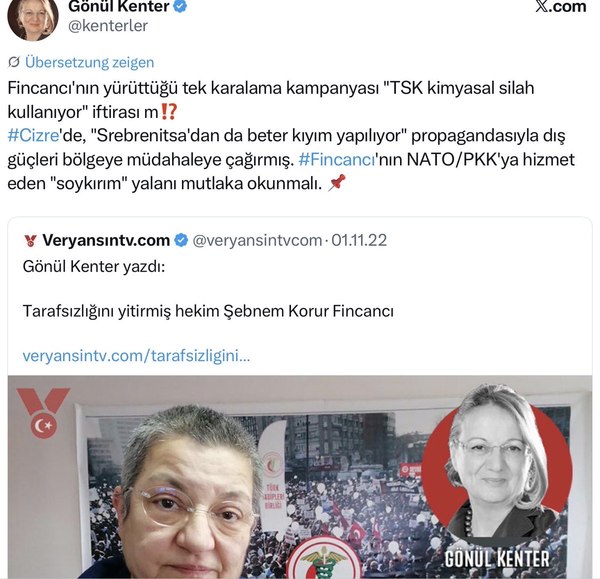 kenterler0's tweet photo. Şebnem Korur Fincancı'nın suç dosyasını 1.11.2022'de #VeryansınTv'de açmıştım. Bu sözde hekim, tescilli Türkiye Cumhuriyeti ve TSK düşmanı! 
"TSK kimyasal silah kullandı, soykırım yaptı" diye iftira dosyaları düzenleyip, uluslararası  kuruluşlara şikayet eden kadın! https://t.co/i9aKqJiXBu