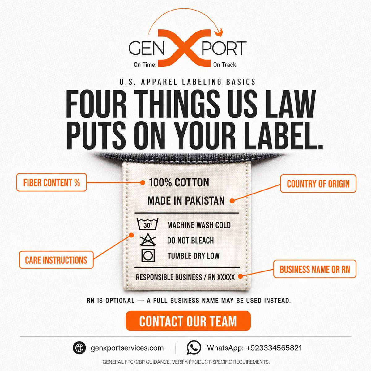 genxport's tweet photo. US garment labels need 4 key details:

• Fiber content
• Country of origin
• Care instructions
• Manufacturer identity/RN

Missing one can lead to costly compliance issues.

Are your labels compliant?

#CareLabels #ApparelCompliance #USImport https://t.co/aTXlfipAKd