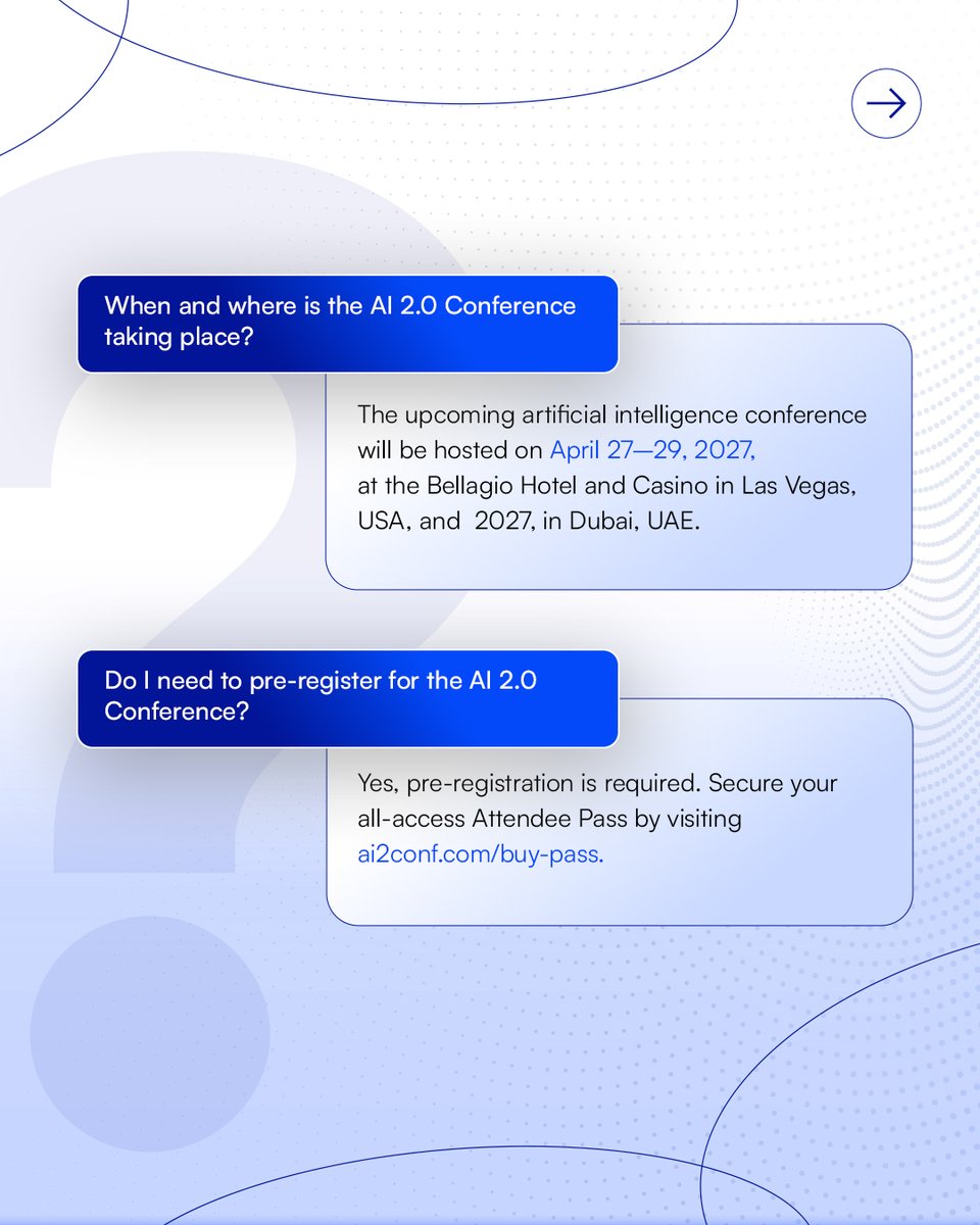 ai2conf's tweet photo. Thinking about attending the AI 2.0 Conference? 🤖

A little preparation can make your conference experience much smoother. 

Swipe through to get started, and visit our FAQ page for more. 

#AI2Conf #ArtificialIntelligence #AIConference #FutureOfAI #AITech https://t.co/mE4M8Der12