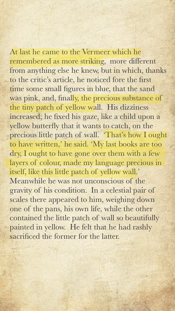 SabaDesiderata's tweet photo. “like the patch of yellow wall painted with so much skill and refinement by an artist destined to be for ever unknown and barely identified under the name Vermeer.”

Marcel Proust, The Remembrance of Things Past. https://t.co/S8VcWiJJZo