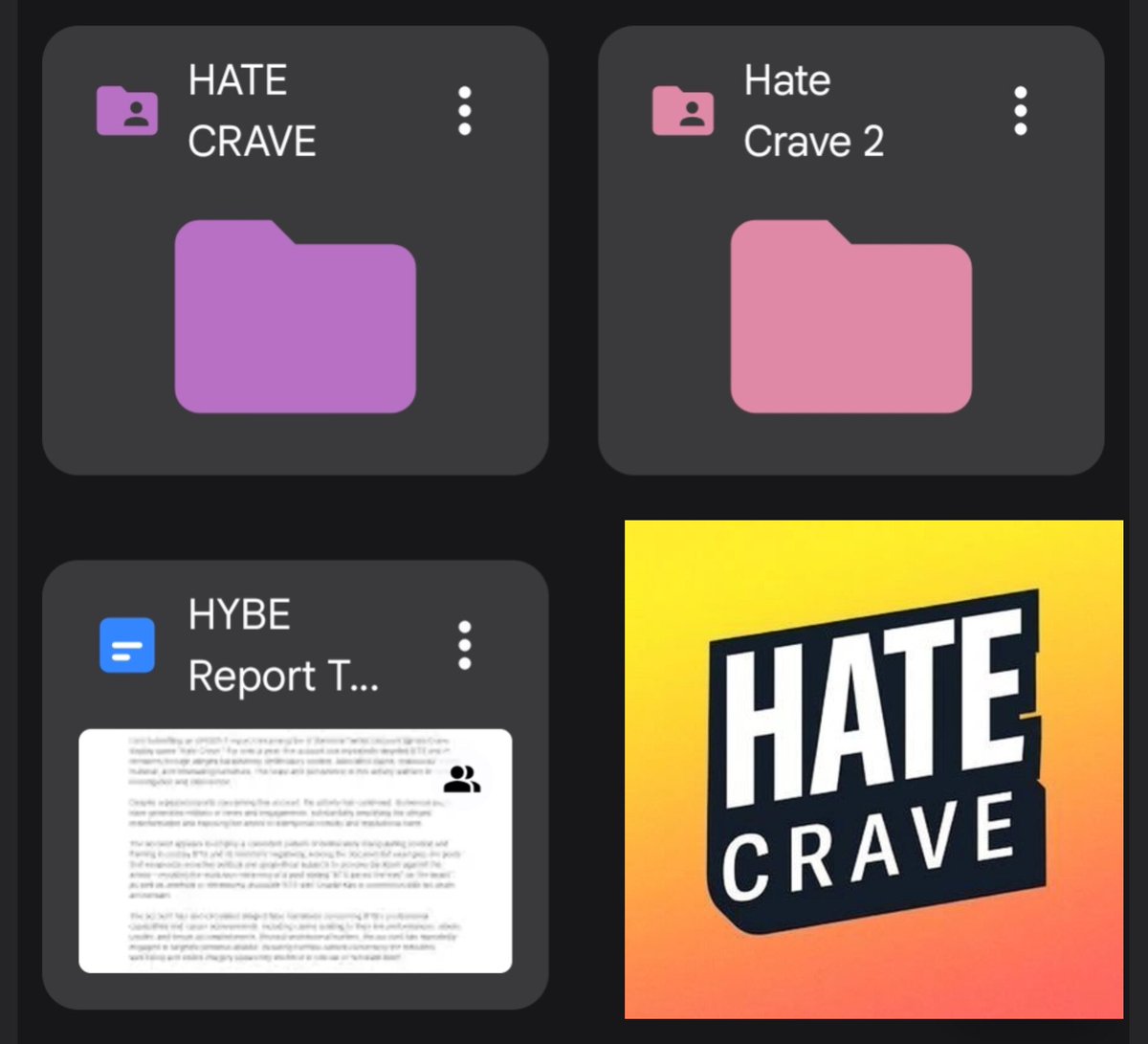 deBTSmustbepaid's tweet photo. Report HateCrave through HYBE’s official portal using the evidence in the Google Drive and the template provided in the Google Doc. Submit the report with the relevant evidence attached
⤵︎
Screenshots with URL
https://t.co/9Si6ija2CZ
⤵︎
Report Template
https://t.co/hey3KrUyrh https://t.co/1jrLtVy4WC