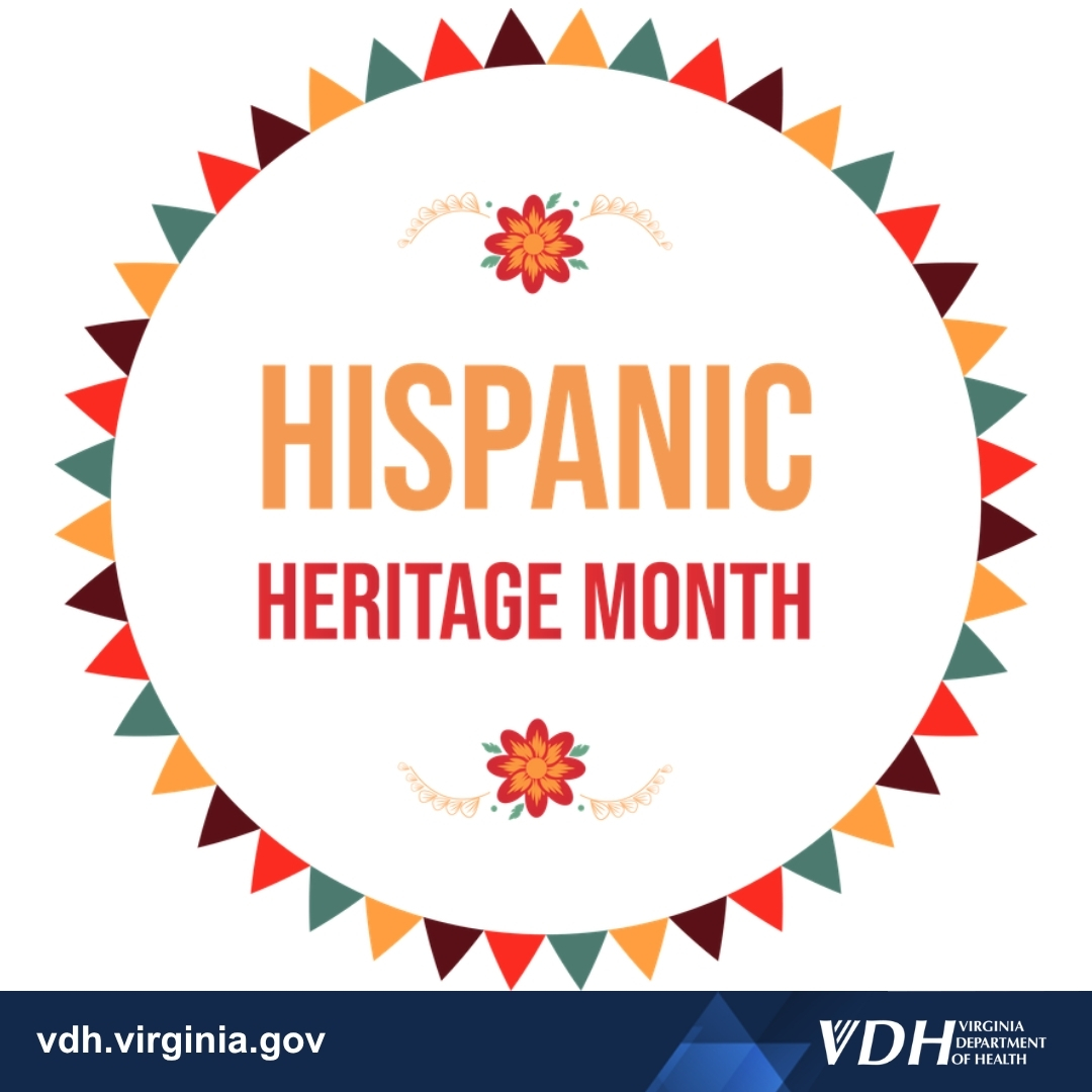 Circular design with colorful triangular patterns surrounding the text 'Hispanic Heritage Month' in orange and red lettering.