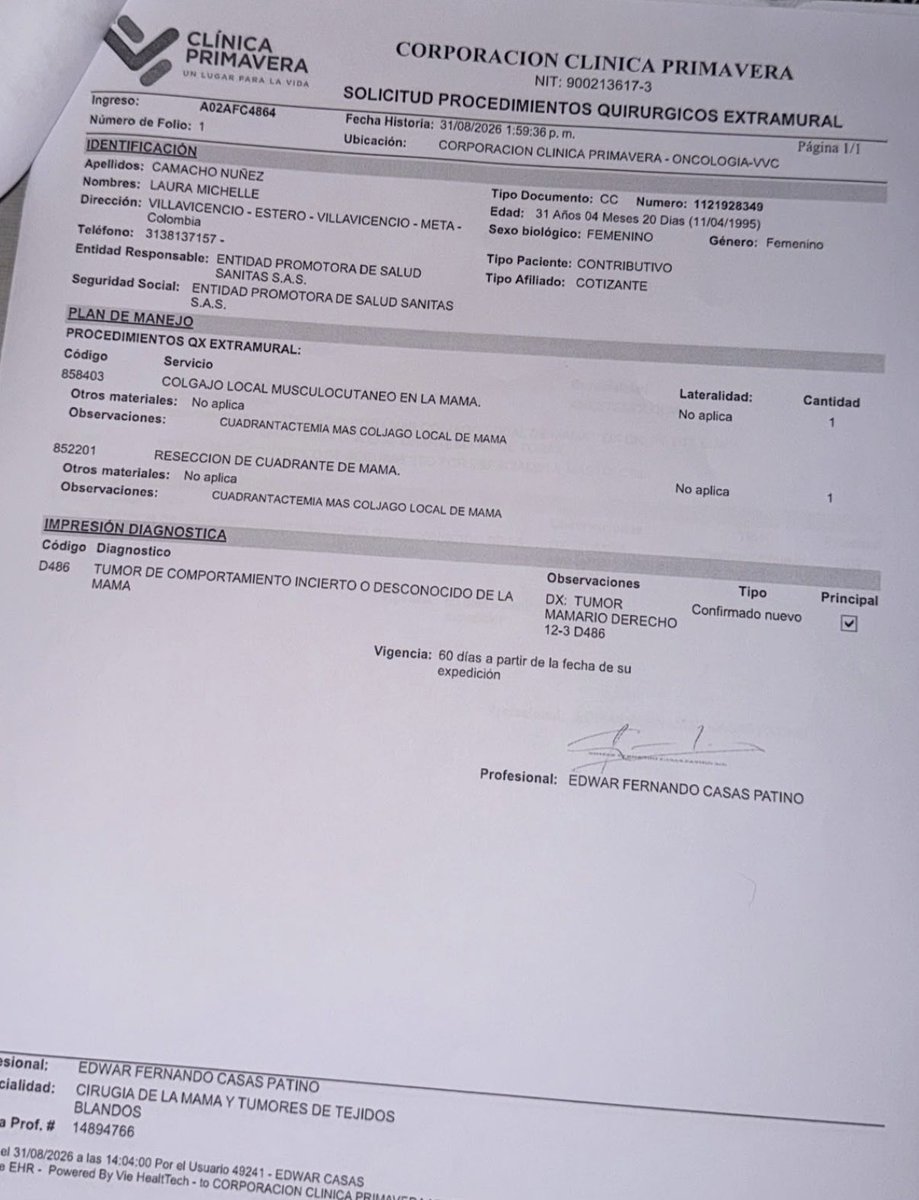 lauracamacho36's tweet photo. @Supersalud por favor ayúdenme !! Esta es la orden médica de la cirugía, emitida por el mastologo en la clínica primavera de Villavicencio - Meta, y Eps Sanitas no me ha entregado ni enviado la autorización … y ya pasaron los días hábiles para el envío y no dan respuesta . https://t.co/SfpJ7GWcYO