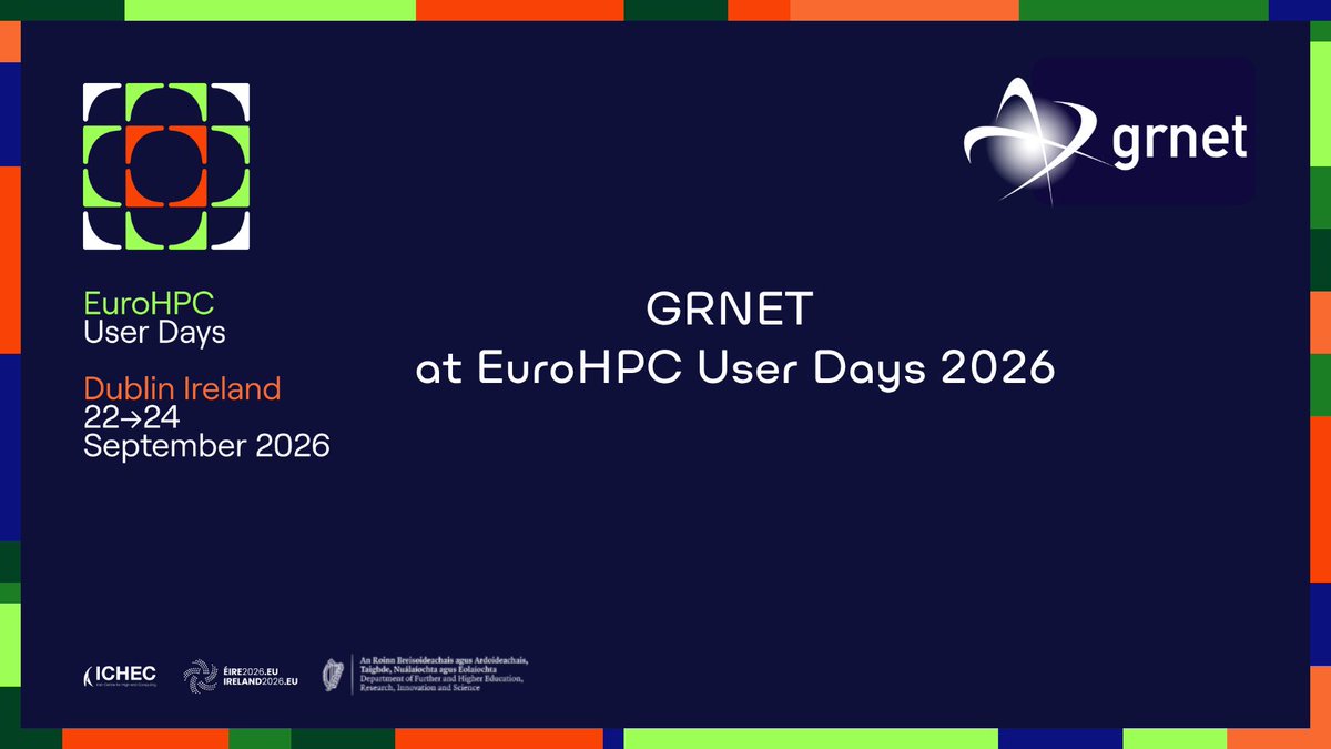 grnet_gr's tweet photo. 📢 GRNET at EuroHPC User Days 2026 | 22–24 Sept | Dublin 🇮🇪

GRNET joins Europe’s #HPC, #AI &amp; #QuantumComputing communities, with participation in the #AIFactories plenary, the Pharos AI Factory Corner and DAEDALUS.

👉 https://t.co/Y1A6i7gOw1

#EuroHPC #PharosAIFactory https://t.co/8YxUmLV3Pv