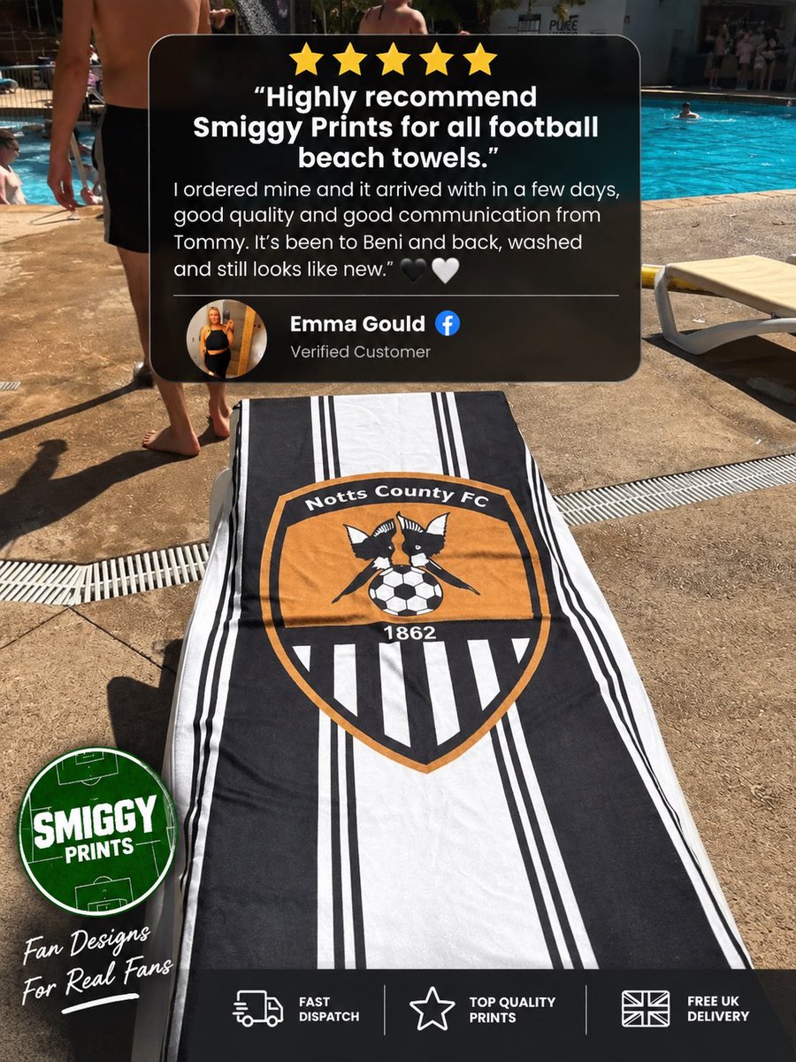 SmiggyPrints's tweet photo. Another brilliant customer review ⚪️⚫️

Love seeing the Notts County towel out in the sun ☀️🏖️ And after a trip to Beni and back, washed and still looking like new! 😍

Thanks so much Emma for the lovely words and for supporting Smiggy Prints! 🖤🤍

£30 each or 2 for £55 — including UK postage 🇬🇧📦

#NottsCounty #NottsCountyFC #Magpies #FootballTowels #SmiggyPrints