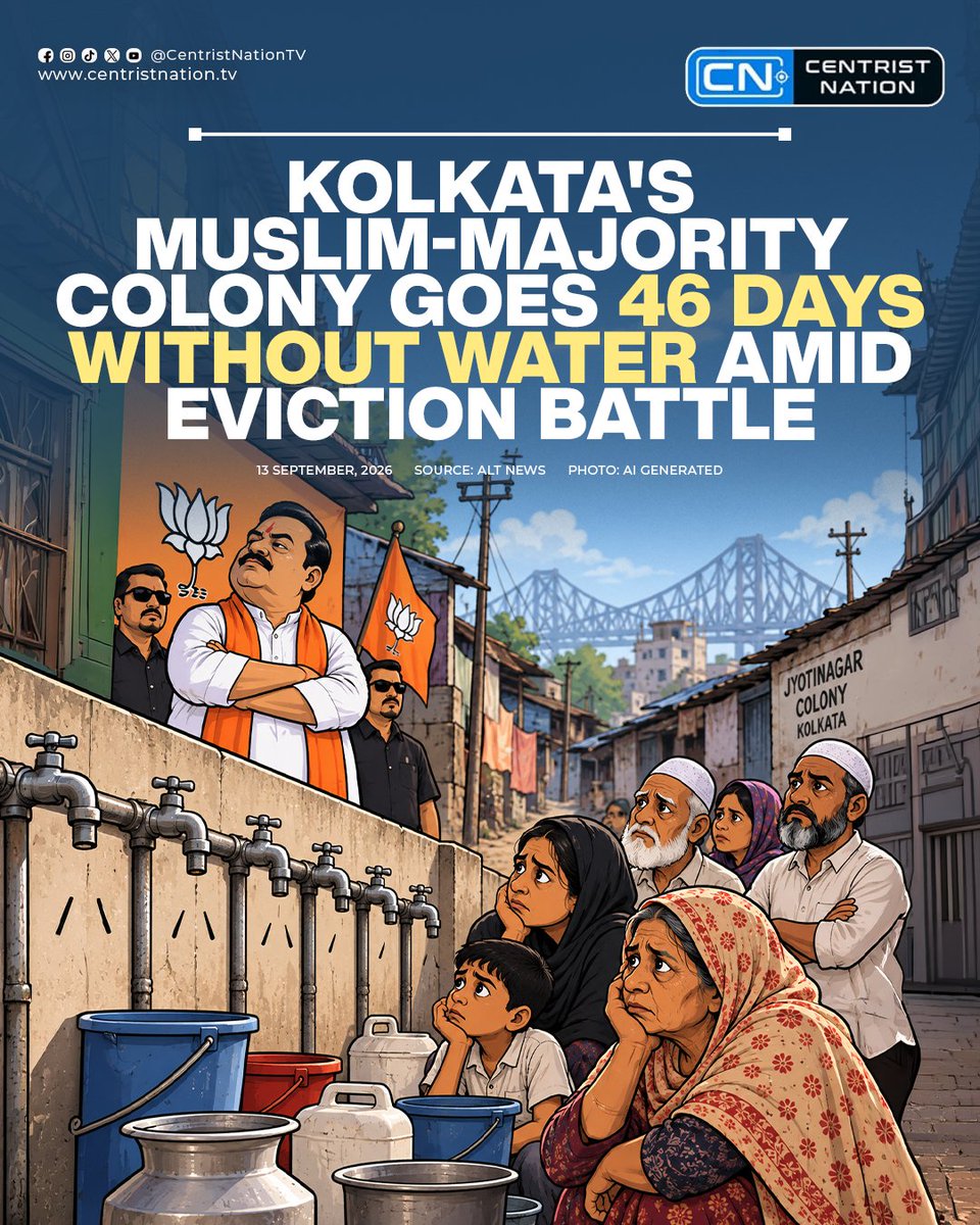 roar_rizwan's tweet photo. After seeing this, will we still refuse even basic gratitude to Muhammad Ali Jinnah and trample his photograph?
Five thousand Bengali Muslims in Kolkata have no tap water. The taps just outside their colony still run. An eviction order hangs over them. This is what it means to live as a minority inside someone else’s state.
In 1947 Jinnah gave East Bengal’s Muslims a country of their own. That is why Dhaka has water, land, and a flag. Jyotinagar does not. Tear his picture in DU if you want. It does not change this fact.
