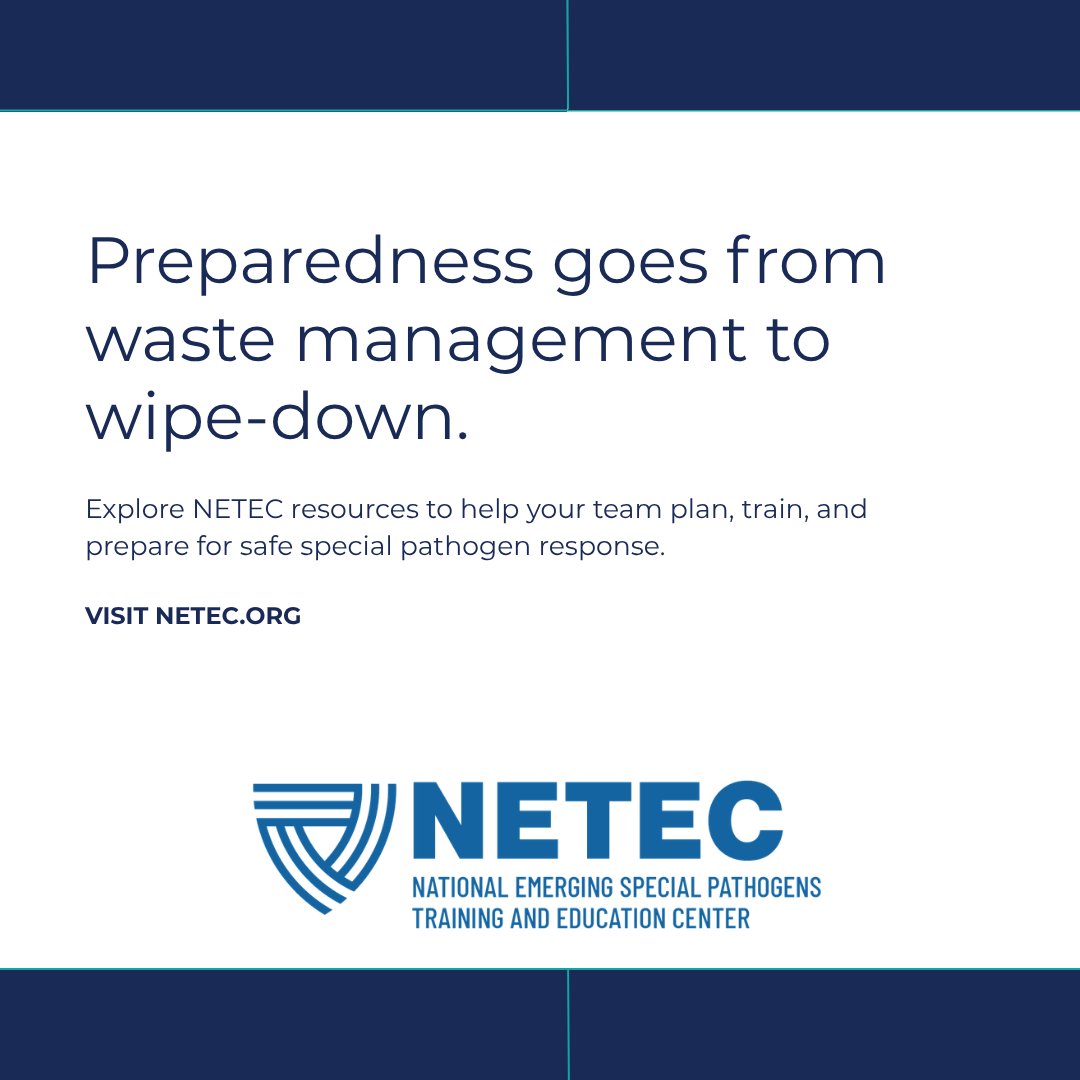 TheNETEC's tweet photo. This #EnvironmentalServicesWeek, two reminders for special pathogen preparedness:

🗑️ Plan for waste handling, storage &amp; transport before you have the patient: https://t.co/n9gIR4IEqG

🧽 Safe terminal cleaning requires the right product &amp; process: https://t.co/Q8YIIEiBib https://t.co/ryZxyyXUhO