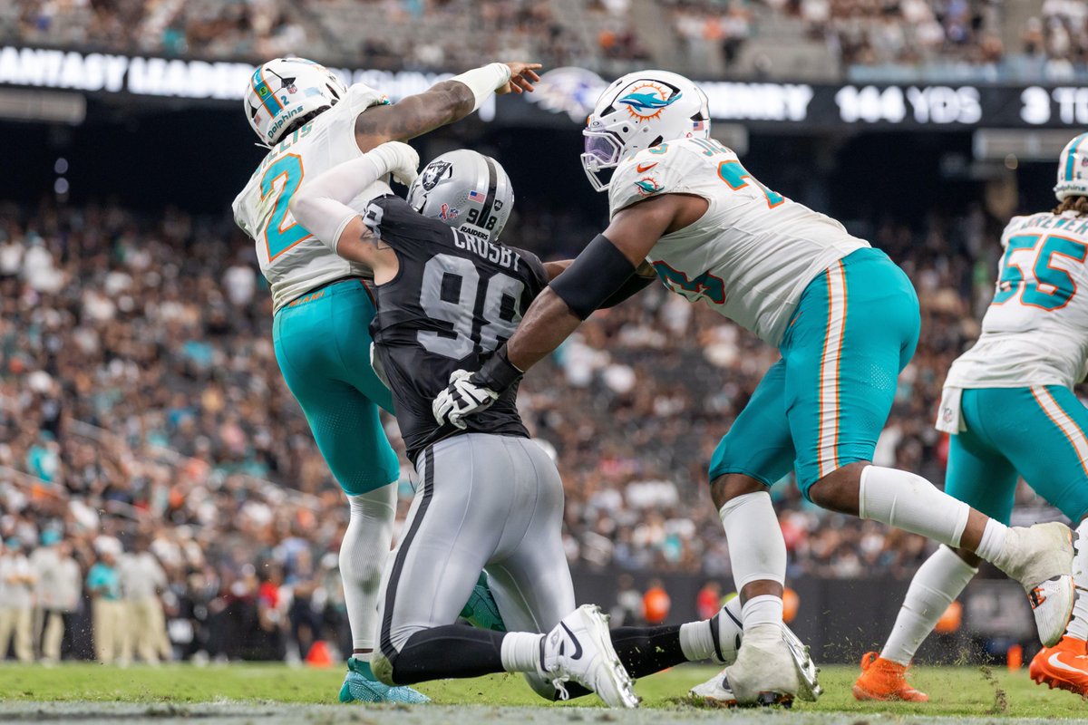 PFF's tweet photo. Highest pass rush win rate among edge 
(min. 10 pass rush snaps)

Maxx Crosby                         33.3%
Chauncey Golston              29.4%
Aidan Hutchinson               28.6%
Al-Quadin Muhammad    27.3%
Dre'Mont Jones                    26.1%

@CrosbyMaxx right back it https://t.co/74i4hh5EqN