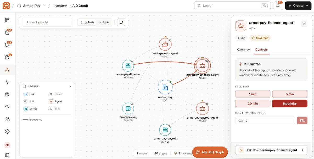 armoriqAI's tweet photo. An agent incident shouldn't require a company wide outage.

@jackclarkSF , this is the enterprise layer we're building at ArmorIQ. We already offer per-agent kill switches: block tool calls for a window, or until you lift the block. https://t.co/ncjTOdnkaJ