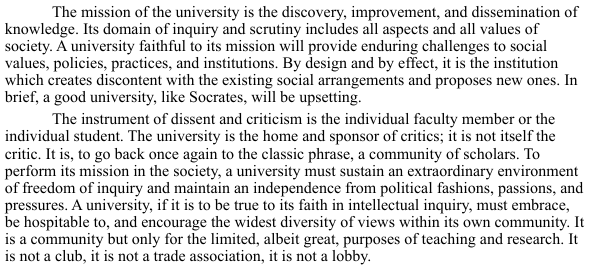 WilliamBaude's tweet photo. Every time I reread the Kalven Report, I'm struck again by what a great document it is. 

E.g., I've always loved "a good university, like Socrates, will be upsetting," "it is not itself the critics," and "It is not a club." (And much more in these two paragraphs.) But . . . https://t.co/itO1tn1xJX