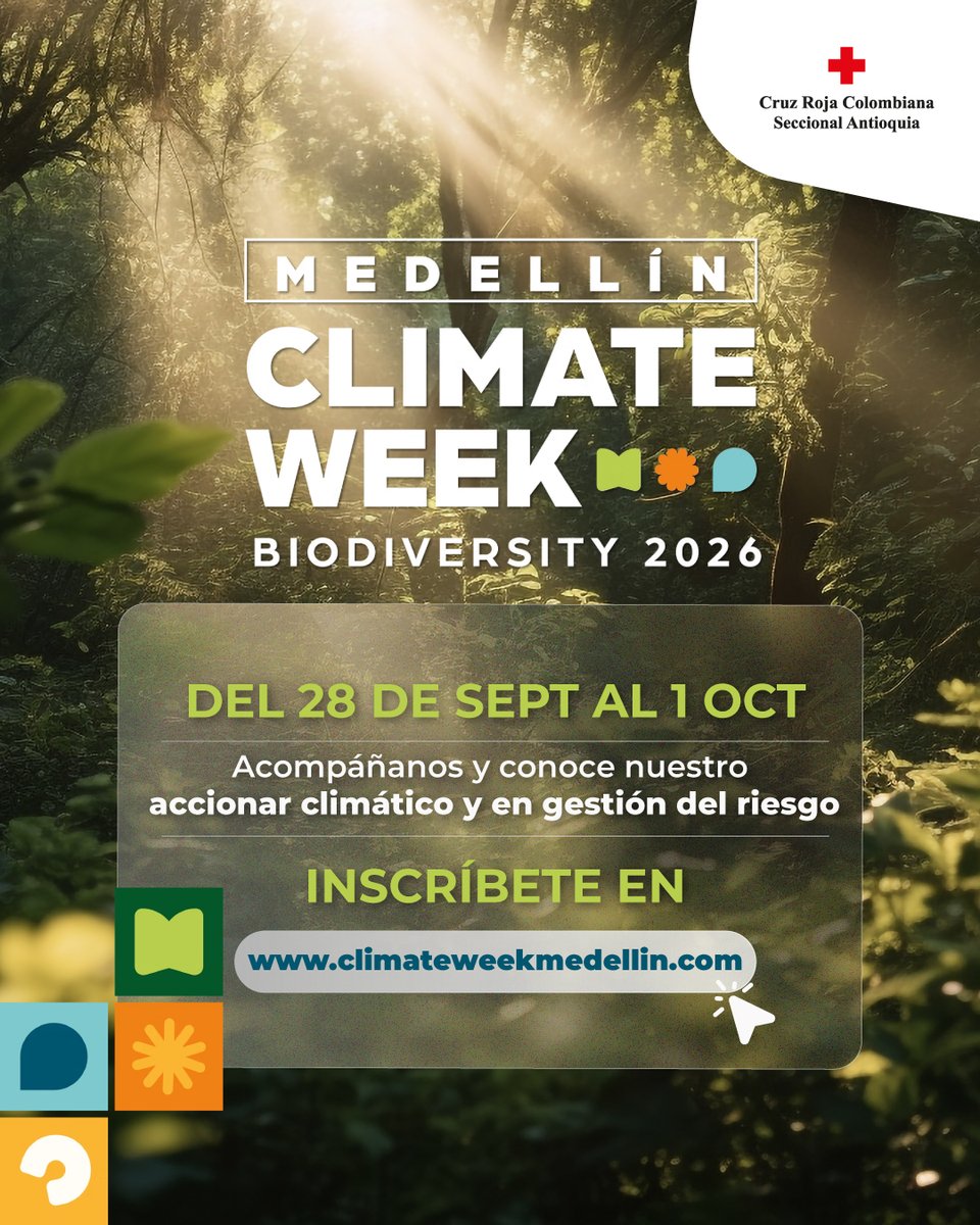 CruzRojaAntioq's tweet photo. El futuro de nuestras comunidades depende de nuestra acción frente al cambio climático. 🌍🤝
Del 28 de sep al 1 de oct, visítanos en el #ClimateWeekMedellin. Conoce nuestros accionar climático y en gestión del riesgo
⚠️ Inscríbete aquí: https://t.co/ThWIMt7P6g https://t.co/4s2veBhznG