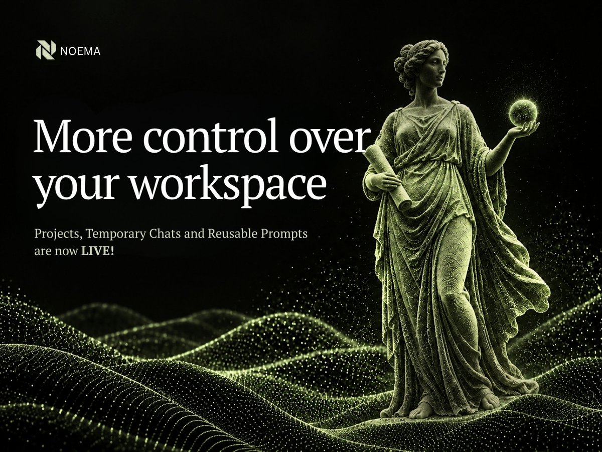 noemanetwork's tweet photo. We’ve shipped a few workspace improvements to Noema.

Projects, Temporary Chats and Reusable Prompts are now live.

Projects help keep related work together. Temporary Chats give you a clean session when you don’t want it added to your saved chat history. Reusable Prompts make it easier to keep and reuse the instructions you come back to often.

Small pieces individually but together they make Noema feel much more like a workspace you can shape around how you actually work.

https://t.co/2JNMKL2Pk4
