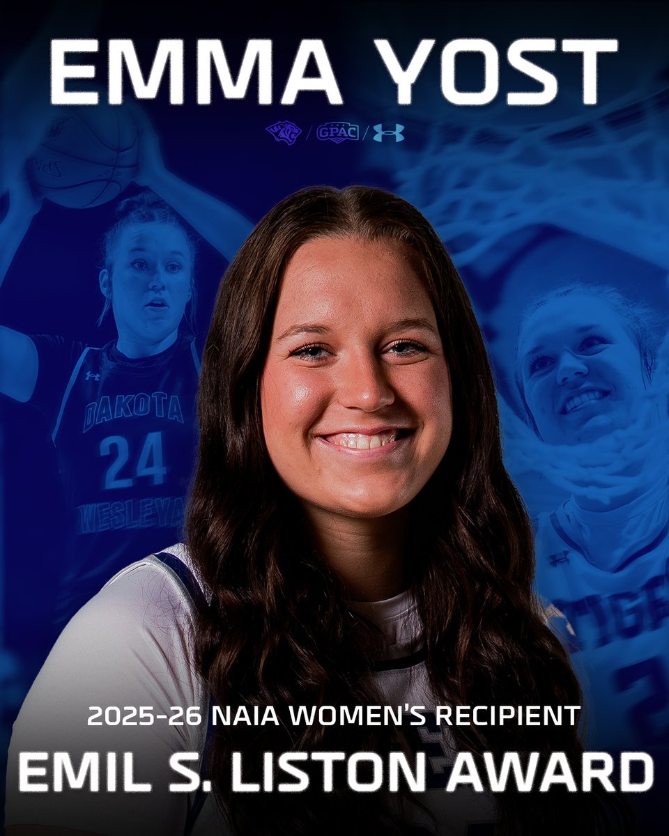 dwtigers's tweet photo. One of DWU's standouts earns NAIA honors for elite performances on the court and as a student!

Congratulations to Emma Yost on being named the @NAIA Women's Emil S. Liston Award winner for the 2025-26 school year! 🏅

📰 https://t.co/xw1asLWtWD

#BleedBlue | @DakotaWesleyan https://t.co/zAnTFmptCD