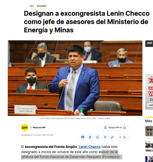 cviguria's tweet photo. Datos sueltos. 

Otro excongresista que ha retornado al Congreso es Lenin Checco, asesor principal de Ernesto Zunini de Juntos por el Perú. 

Años atrás, Checco fue parlamentario del Frente Ampio y durante el gobierno de Pedro Castillo fue aessor en Fondepes y luego jefe del gabinete de asesores del Ministerio de Energía y minas. 

Fuentes comentan que su presencia en Congreso ha llamado mucho la atención.