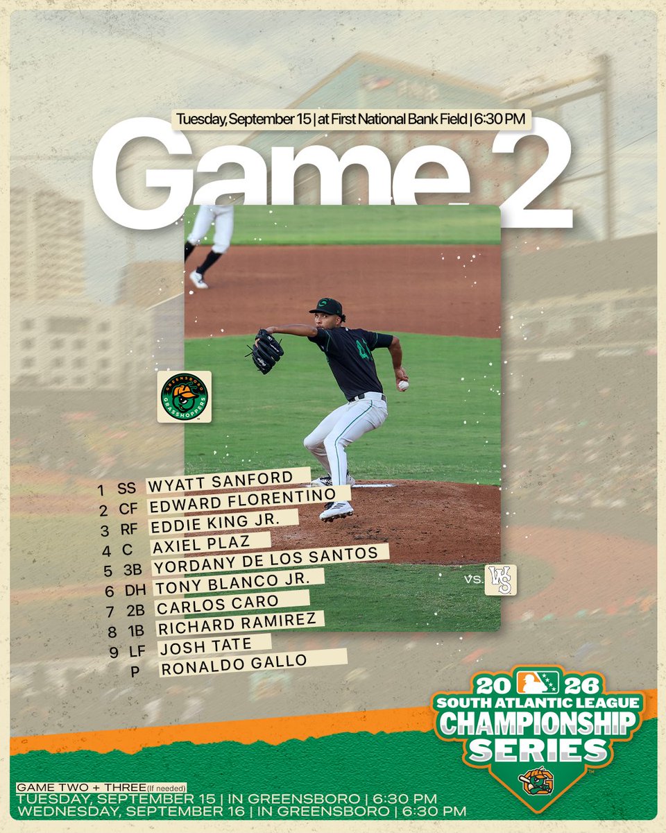 GSOHoppers's tweet photo. Game two lineup! 

⏰ 6:00PM Gates | 6:30PM Game
📍 First National Bank Field
🌭 Two Dog Tuesday
🆚 Winston-Salem Dash
🎟️ https://t.co/xNmZGviBRV
📺 Bally Sports Live
📗 https://t.co/mNoloV1eNt https://t.co/tQx7gW1jyl