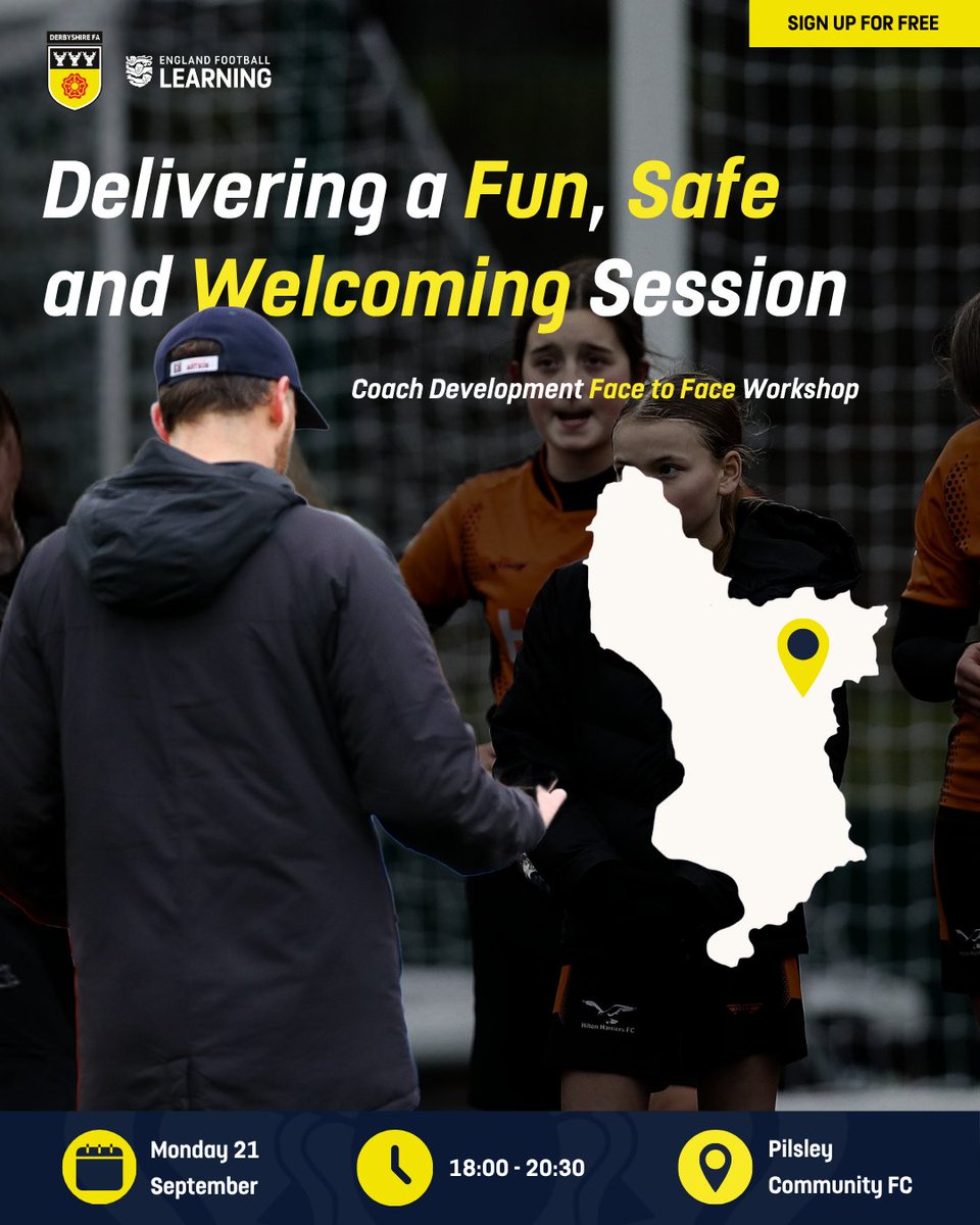 DerbyshireFA's tweet photo. ⚽ COACH DEVELOPMENT | Fun, Safe & Welcoming Sessions

How can you create an environment where every player feels valued, supported and excited to come back each week?

Join our FREE face-to-face workshop at Pilsley Community FC, exploring practical ways to create positive, engaging sessions and get the best out of your players.

📅 Monday 21 September
⏰ 6:00pm - 8:30pm
📍 Pilsley Community FC, Pilsley, Chesterfield, UK

🔗 Sign up for free now: https://t.co/yoKBig0jRs
