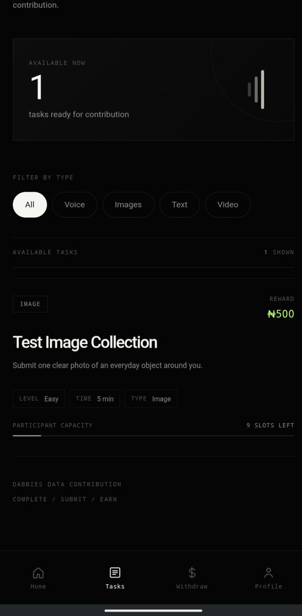 Dabbies_hq's tweet photo. Earn by completing real-world tasks with Dabbies.
Upload images, contribute text, videos, and more, while getting rewarded for your contributions.
Dabbies is coming this September.
#Dabbies #EarnOnline #Nigeria #DataCollection #AfricanTech https://t.co/fdXvj4dkrm