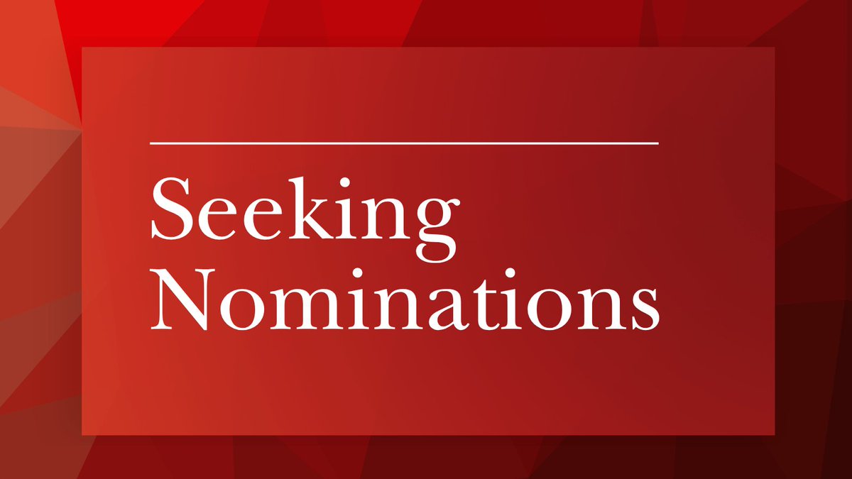 Red geometric background with a centered box reading 'Seeking Nominations' in white serif font.