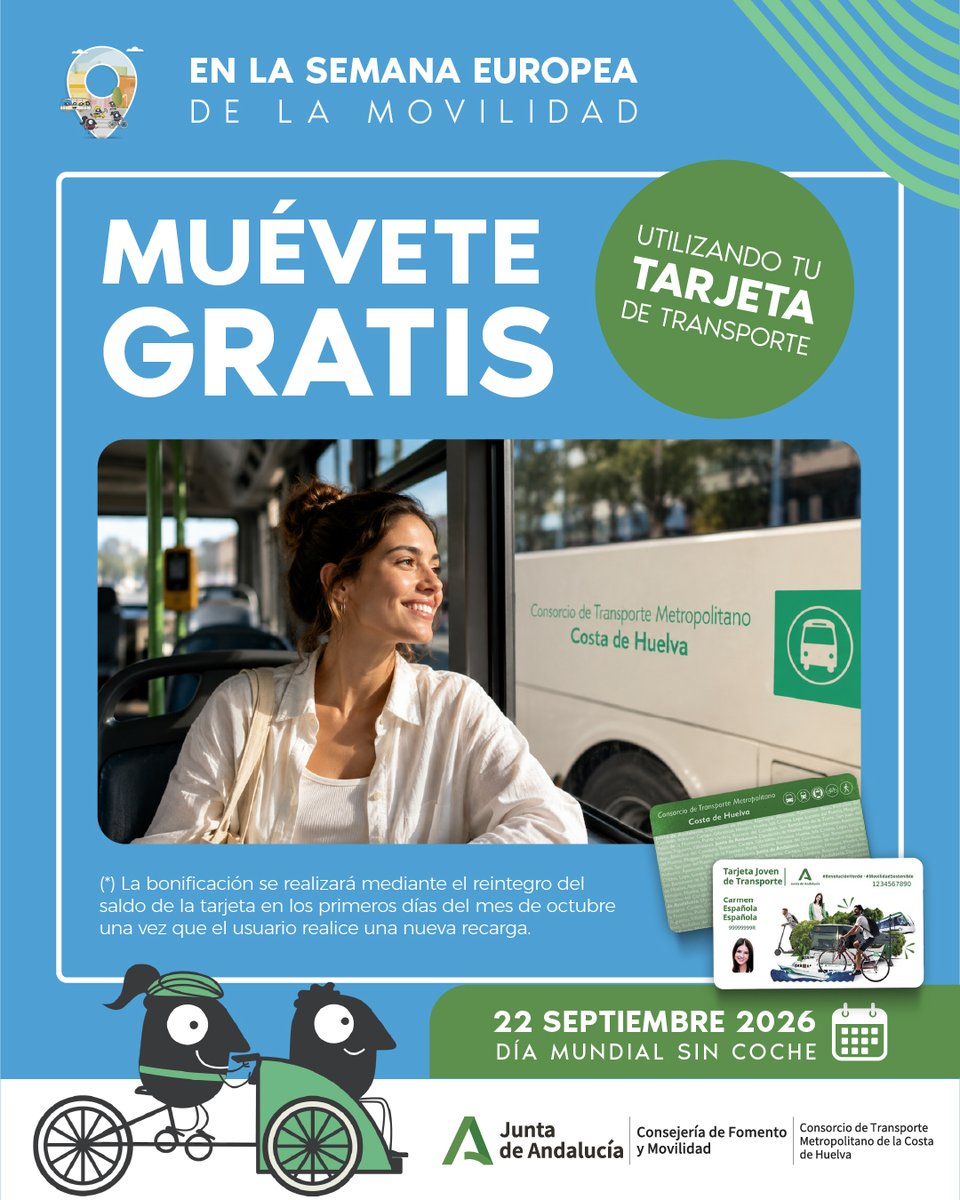CtmHuelvacosta's tweet photo. 🚗❌ Este 22 de septiembre, con motivo del #DíaMundialSinCoche, te proponemos dejar el coche aparcado y elegir otras formas de desplazarte.
🚌 Transporte público
🚲 Bicicleta
🚶♀️ A pie
Porque una movilidad más sostenible es una movilidad para todos.
#SEM2026 #CTHU https://t.co/1NbTFE7Trm