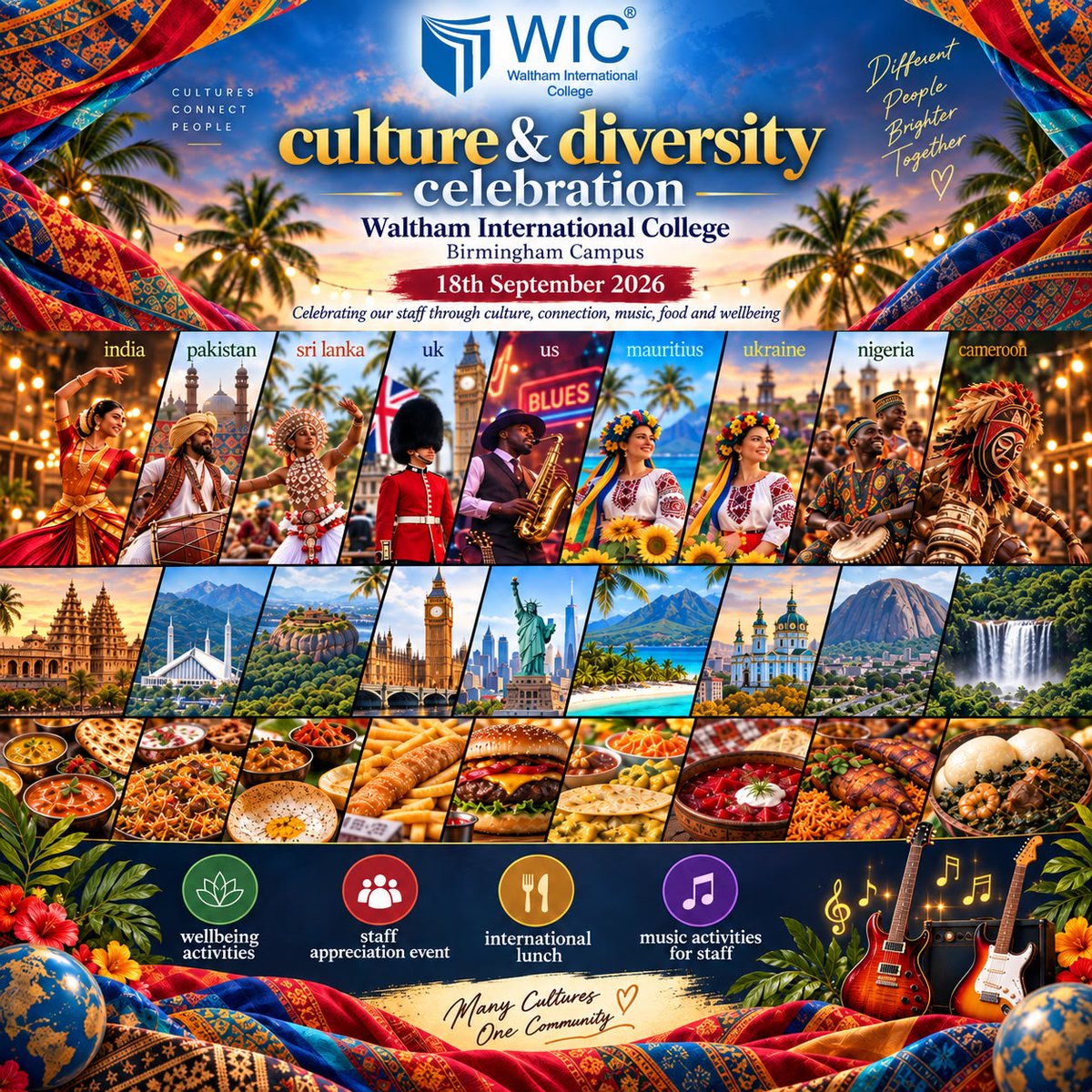 walthamcollege's tweet photo. Celebrating Culture &amp; Diversity at WIC!

On 18 September 2026, Waltham International College’s Birmingham Campus will come together to celebrate the many cultures, traditions, and backgrounds that make our college community unique. 

Different cultures. One WIC community.

#WIC https://t.co/3HWy0vyAzC