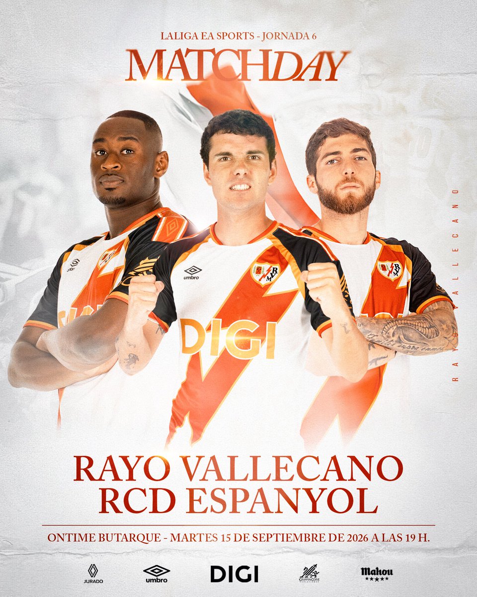 RayoVallecano's tweet photo. ⚡️ ¡𝐇𝐎𝐘 𝐉𝐔𝐄𝐆𝐀 𝐄𝐋 𝐑𝐀𝐘𝐎!
⚽️ Jornada 6 #LALIGAEASPORTS 
🆚 @RCDEspanyol
🏟️ Estadio Ontime Butarque 
🕗 19:00 horas

#RayoEspanyol #VamosRayo https://t.co/87ydiBzofU