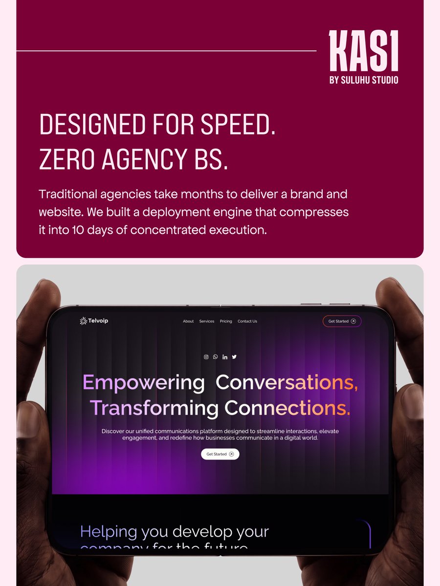 SuluhuStudio's tweet photo. Months of agency wait time? Not anymore. Kasi takes your venture from a brief to a fully developed, high-fidelity brand + website in exactly 10 days.

One fixed timeline. One flat fee. Zero BS.
Ready to launch?

Let’s talk: https://t.co/BlZI26vM9u https://t.co/4w1je3ODZR
