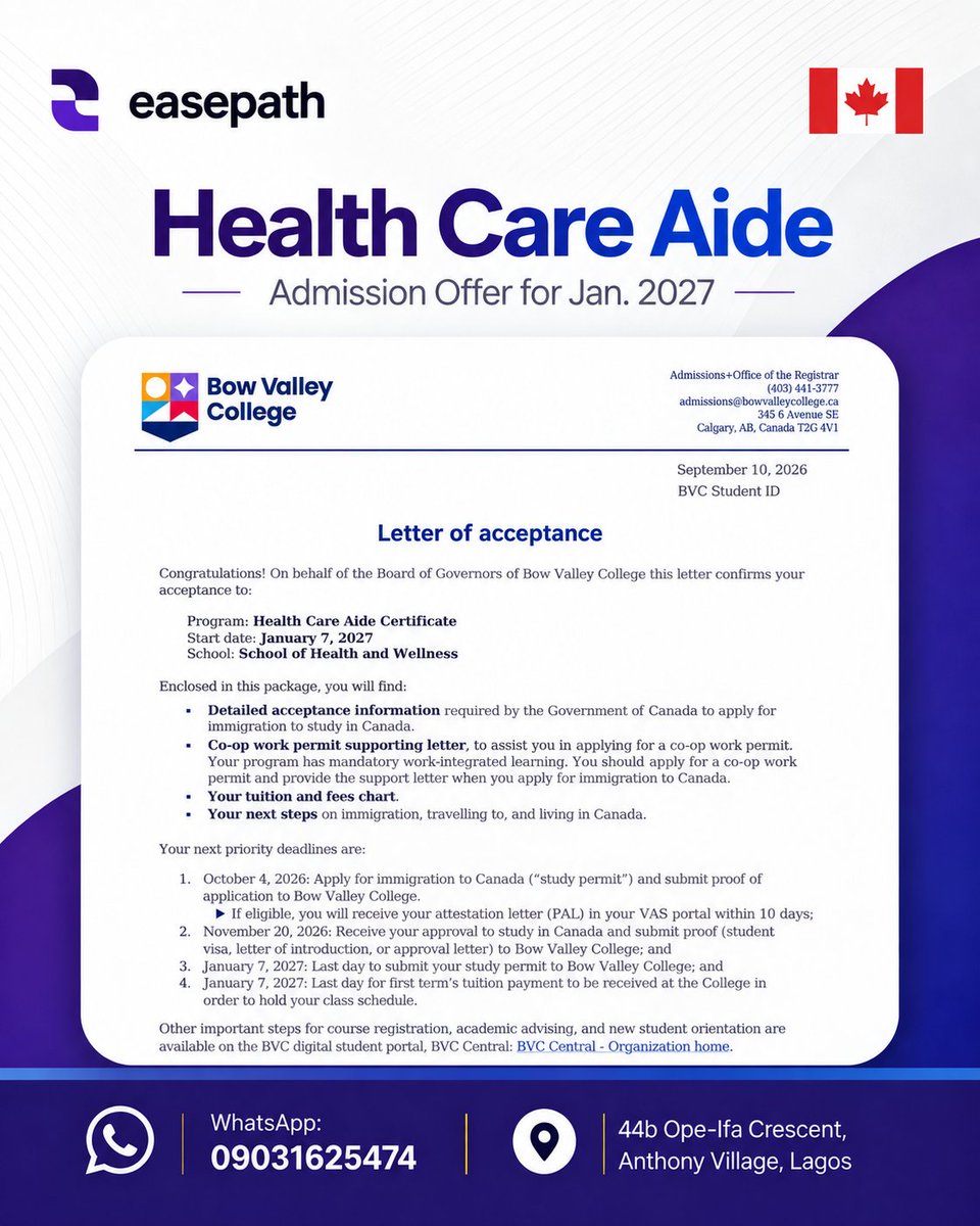 Easepathstudy's tweet photo. Canada🇨🇦 Admission Offer for Jan. 2027 Intake

👉School: Bow Valley College
👉Program: Health Care Aide
👉Length: 1 Year
👉Tuition deposit: $1,500 CAD

Huge Congratulations to this student.🥳

Guess what? We have already Kickstarted the visa application process.

📍If you need expert guidance to study in Canada or anywhere else, send a WhatsApp Message to 09031625474

Who needs our help to study abroad?