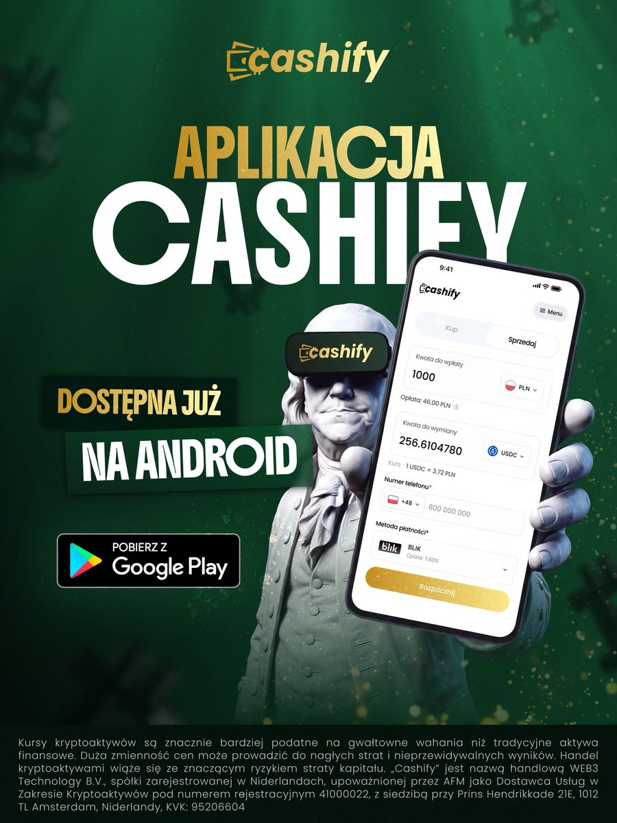 CashifyEu's tweet photo. Jesteśmy już na Androidzie! 🎉

Aplikacja Cashify jest już dostępna na systemy Android! A to oznacza, że część z Was może kupować i sprzedawać kryptowaluty jeszcze łatwiej! 😎

✅ Wejdź na Google Play i pobierz aplikację "Cashify - wymiana kryptowalut".

⭐️ Spodobało się? Zostaw 5 gwiazdek! 

#kryptowaluty #inwestycje #finanse 

–
Cashify komunikuje się wyłącznie za pośrednictwem oficjalnych kanałów. Kryptoaktywa wiążą się z wysokim ryzykiem, w tym potencjalną utratą środków. Zawsze weryfikuj informacje.

Aby uzyskać pomoc, odwiedź stronę Cashify.