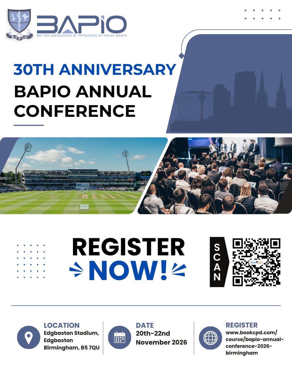 BAPIOUK's tweet photo. 🚨REGISTER NOW🚨
🌟 BAPIO Annual Conference 2026 brings the whole healthcare world together, from NHS leaders to the GMC and Royal Colleges.

📅 20–22 November 2026
📍 Edgbaston Stadium, Birmingham
🔗 Register now: https://t.co/cNuhhBFo4e

#BAPIOConference2026 https://t.co/fN46k0W1Lq