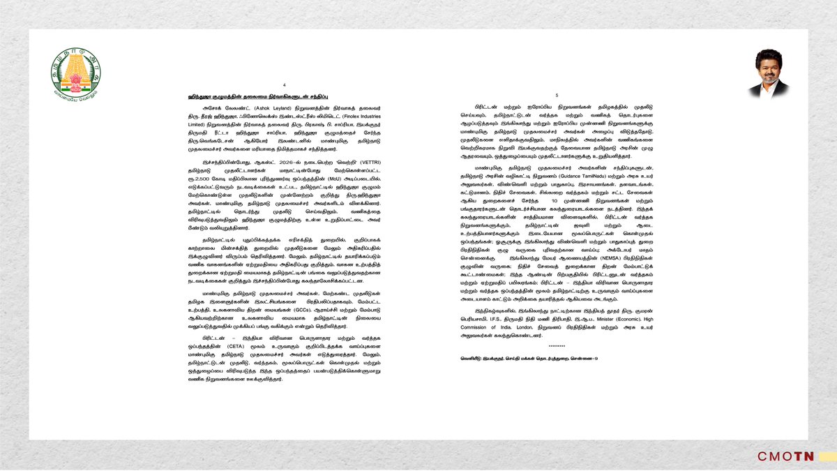CMOTamilnadu's tweet photo. மாண்புமிகு தமிழ்நாடு முதலமைச்சர் திரு.ச.ஜோசப் விஜய் அவர்கள் முன்னிலையில், தமிழ்நாட்டில் உற்பத்தி ஆலைகள், உலகளாவிய திறன் மையங்கள், ஆராய்ச்சி மற்றும் மேம்பாட்டு வசதிகளை நிறுவி விரிவுபடுத்துவதற்காக, தமிழ்நாடு அரசுக்கும் முன்னணி உலகளாவிய நிறுவனங்களுக்கும் இடையே புரிந்துணர்வு ஒப்பந்தங்கள் மேற்கொள்ளப்பட்டன.

ரூ.15,300 கோடிக்கும் அதிகமான முதலீட்டு முன்மொழிவுகள் மற்றும் உறுதிமொழிகள் மூலம் மாநிலத்தில் 10,000-க்கும் மேற்பட்ட நபர்களுக்கு வேலைவாய்ப்புகள் உருவாக்கப்படும் என எதிர்பார்க்கப்படுகிறது.

#CMJosephVijay
