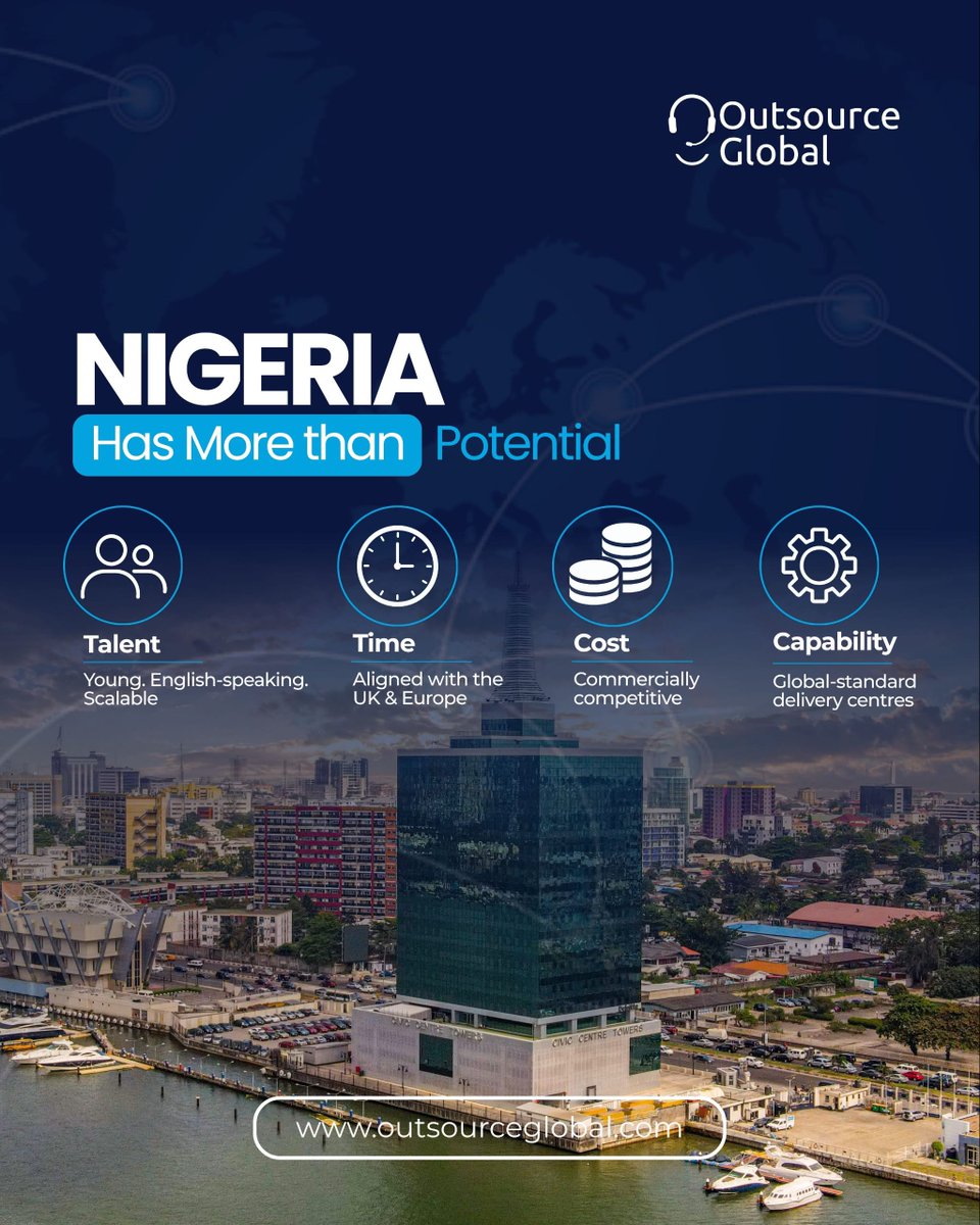 OutSourceGbl's tweet photo. Nigeria has more than potential. 🇳🇬

Talent: young, English-speaking, scalable
Time: aligned with the UK &amp; Europe
Cost: commercially competitive
Capability: global-standard delivery centres
Scale with Outsource Global 👉 https://t.co/XR9AhBQw7G
#BPO #Outsourcing https://t.co/OwLrKsQC9z