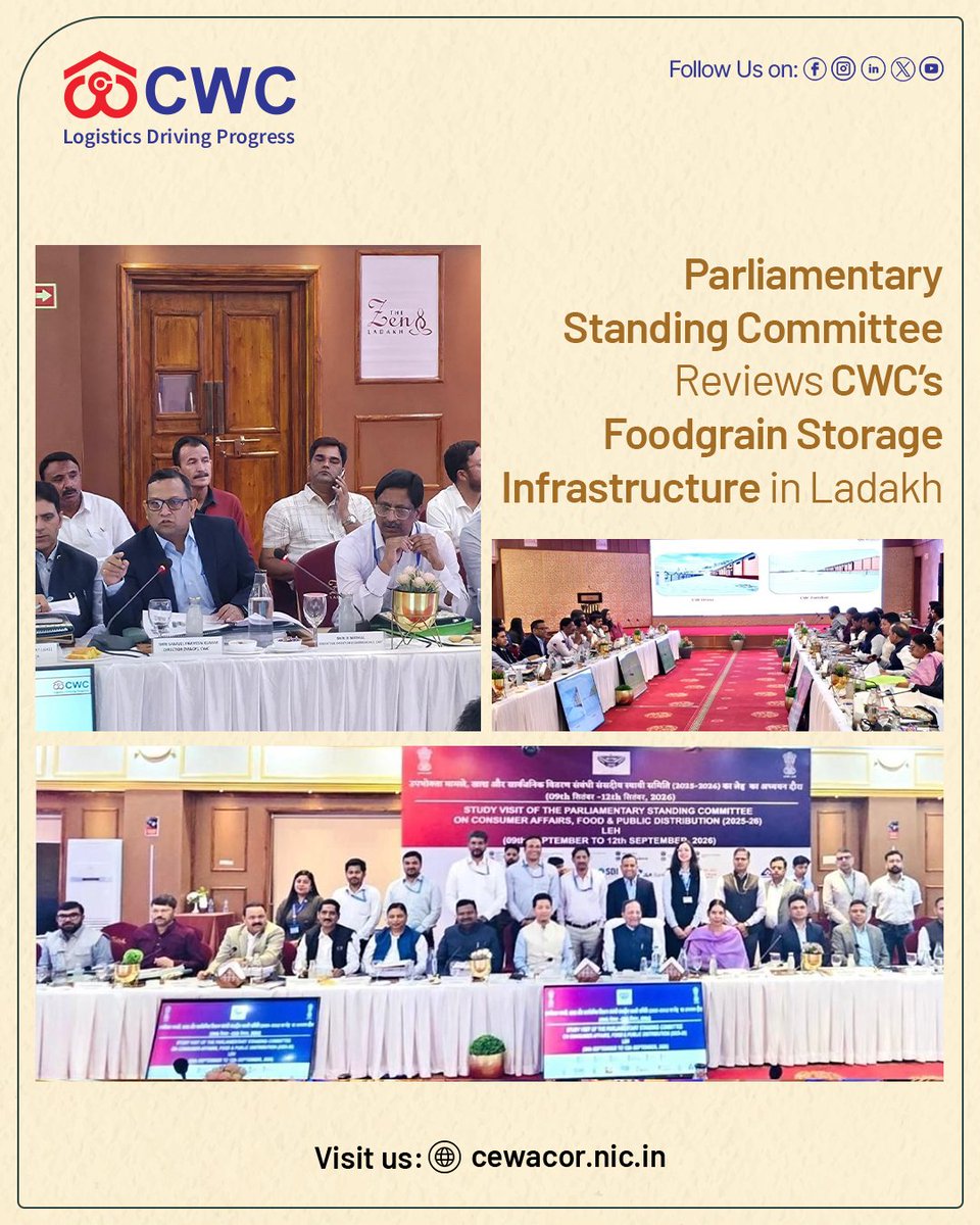 cwc_warehouse's tweet photo. Parliamentary Standing Committee Reviews CWC’s Foodgrain Storage Infrastructure in Ladakh

The Parliamentary Standing Committee on Consumer Affairs, Food and Public Distribution (2025–2026) undertook a review of CWC’s operations under the theme “Storage of Foodgrains: Existing Infrastructure and Future Strategy with reference to Ladakh” at Leh on 11 September 2026 .

The meeting was convened by Sh. Arun Singh, Hon’ble Member of Parliament (Lok Sabha), alongside esteemed Members of Parliament from both Houses. The primary objective of the meeting was to evaluate the existing warehousing infrastructure, storage capacity and logistics support provided by the Central Warehousing Corporation within the high-altitude and geographically challenging terrain of the Ladakh region. The proceedings were attended by Sh. Samuel Praveen Kumar, Director (M&CP), Executive Director (Commercial), Regional Manager (Chandigarh Region) ,Director (Storage) ,Department of Food and Public Distribution, other Senior officials of CWC Corporate Office and Regional Office, alongside the officials from the Lok Sabha Secretariat.

The Committee appreciated and commended CWC’s efforts in ensuring scientific storage and uninterrupted warehousing and logistics support in Ladakh, despite the unique challenges posed by the region’s high altitude, extreme climatic conditions, difficult terrain and limited accessibility. The review also provided an opportunity to deliberate upon the future strategy for strengthening and augmenting foodgrain storage capacity in Ladakh, with emphasis on modern, resilient and strategically located warehousing infrastructure to ensure food security and efficient supply-chain operations.

CWC remains committed to supporting the Nation’s food security objectives by extending reliable warehousing and logistics solutions even in the most challenging geographical conditions.

Serving the Nation through Warehousing and Logistics : from the Plains to the High Himalayas.

@JoshiPralhad @PralhadJoshiOfc @fooddeptgoi @blvermaup @Nimu_Bambhaniya @MDCWC @Directorprscwc @Director_FinCWC @Director_MCP
