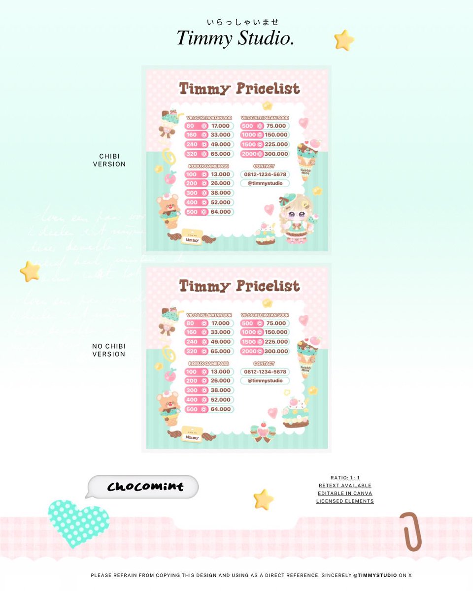 timmystudio's tweet photo. Hai! Tolong bantu retweet yaa 🤍

Timmy punya katalog template setup baru, namanya CHOCO MINT. Elemen lisensi dari illustrator, BUKAN ELEMEN CANVA. So, the design will be more exclusive 🤍

Available in two types. Chibi &amp; No-chibi. You can order through my DM 

#bealanja https://t.co/VCyPiW8aCD