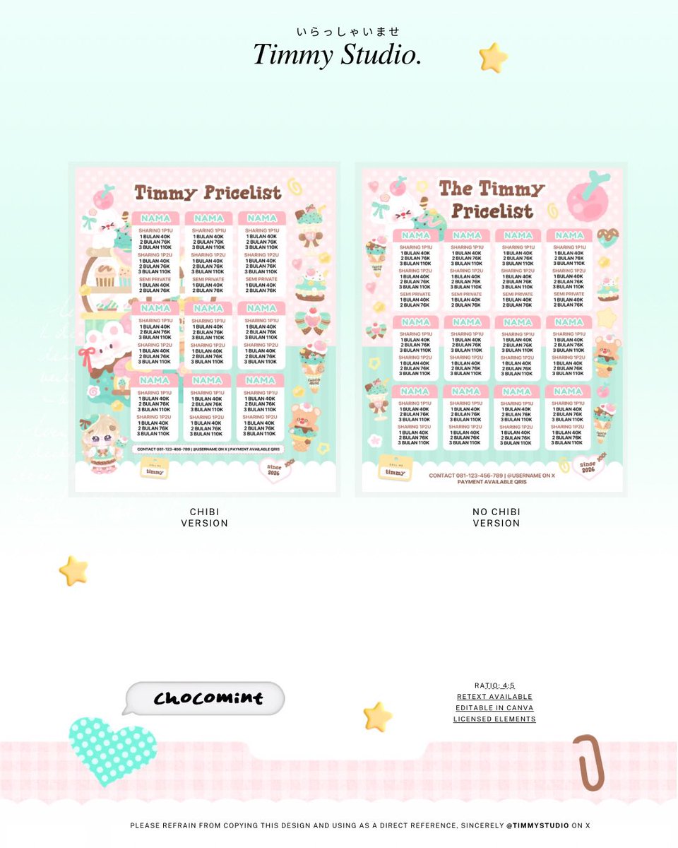 timmystudio's tweet photo. Hai! Tolong bantu retweet yaa 🤍

Timmy punya katalog template setup baru, namanya CHOCO MINT. Elemen lisensi dari illustrator, BUKAN ELEMEN CANVA. So, the design will be more exclusive 🤍

Available in two types. Chibi &amp; No-chibi. You can order through my DM 

#bealanja https://t.co/VCyPiW8aCD