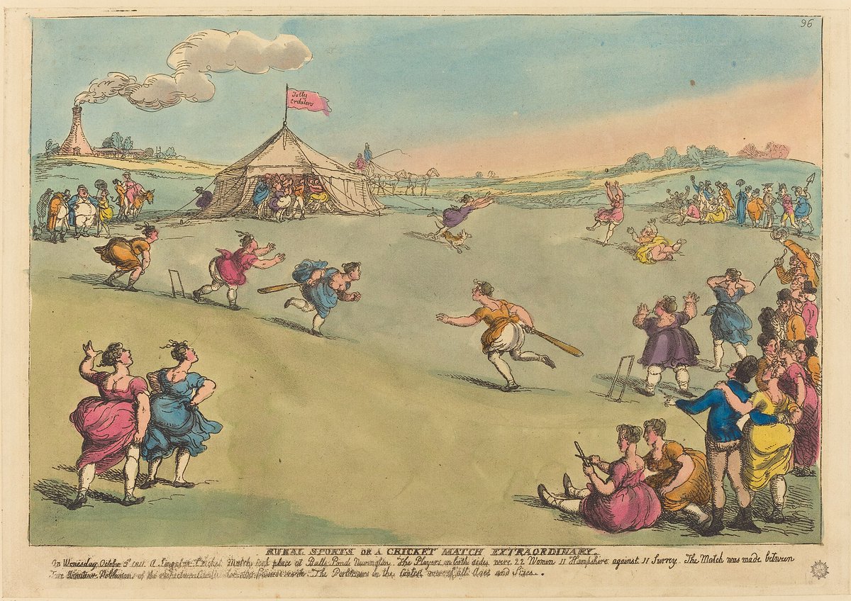 janeyellene's tweet photo. On this day, 3 October 1811, women representing Hampshire and Surrey played a remarkable cricket match at Newington, London, playing in long dresses before a large crowd.

They played for a huge stake of 500 guineas a side, Hampshire won by 15 runs.

The wonderful scene was captured in this 1811 print by artist Thomas Rowlandson.

#OTD #Cricket  #1800s #Hampshire #Surrey