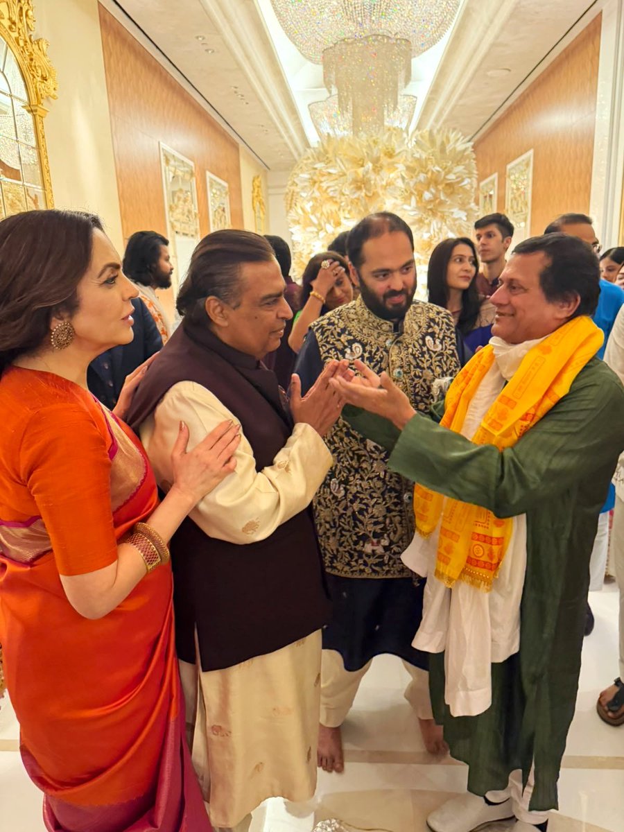 achyuta_samanta's tweet photo. Yesterday evening was very special as I joined the Ganesh Puja celebration at the Ambani family residence, Antilia, in Mumbai, on the kind invitation of Smt. Nita Ambani Ji.
 
In the midst of the Puja and so many guests, Nita Ji, Mukesh Ji and Anant Ji personally took time out to receive me and spend time with me. We had a warm interaction and discussed several things close to our hearts.

During the evening, I spent a few minutes interacting with Anant Ambani Ji and found him to be very warm, humble and wonderful, despite the stature he holds.

I have always admired their simplicity, warmth and respect for people. I am very grateful to the entire Ambani family for their love and respect for my work. The evening was special with the darshan and blessings of Ganpati Bappa.