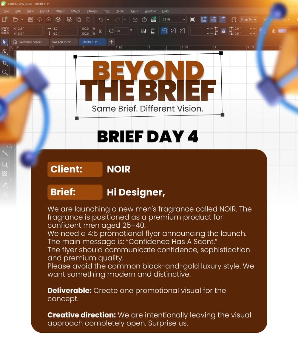 NuvahD's tweet photo. Day 4 — Beyond the Brief 
For NOIR, I explored confidence through presence.
“Confidence Has a Scent.”
#BeyondTheBrief #GraphicDesign #DesignChallenge https://t.co/SukF6UWwN3
