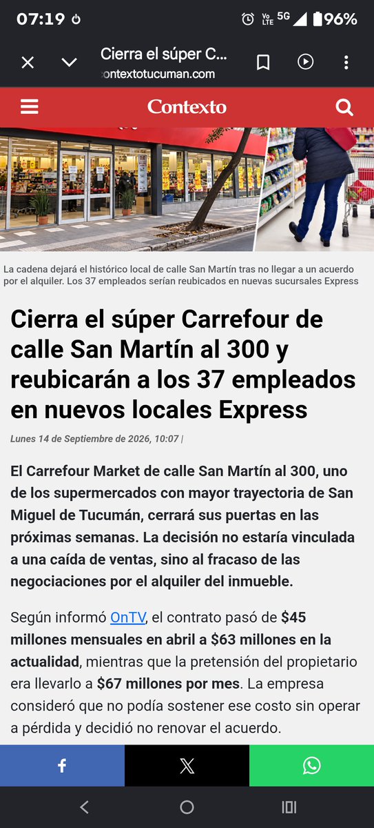 lazaromanu's tweet photo. Tucumán.
De 45 millones que pagaban el dueño del local se los quizo llevar a 67 millones y Carrefour dijo no. 
Ahora veremos a quién le alquila un local por 67 millones 
La ambición desmedida de muchos propietarios es su propia condena. https://t.co/n1BoELVhvf