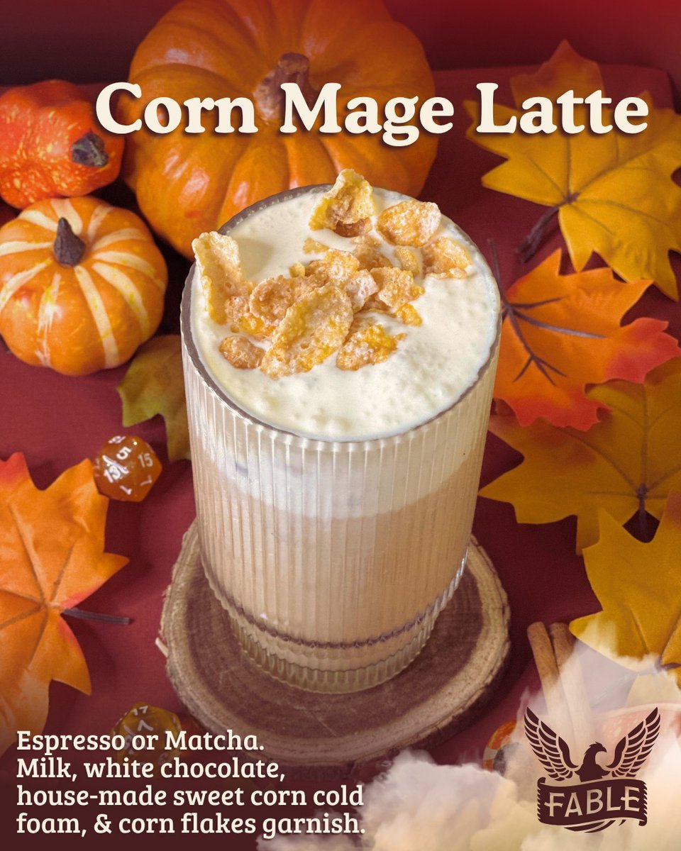 HoracePerl1rtz's tweet photo. Fall has arrived at Fable with our new seasonal menu. Try the Tipsy Dragon, Fabled Pumpkin Spice, Corn Mage, Apple “Chai-Der, ” or Salted Sageberry Matcha. Cozy flavors, craft coffee, croissants, and pastries await. https://t.co/UunhSWYuDL