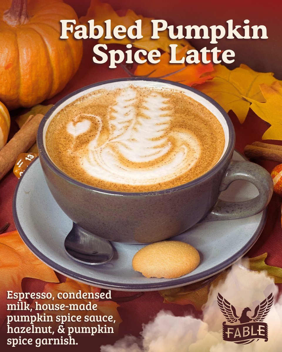 HoracePerl1rtz's tweet photo. Fall has arrived at Fable with our new seasonal menu. Try the Tipsy Dragon, Fabled Pumpkin Spice, Corn Mage, Apple “Chai-Der, ” or Salted Sageberry Matcha. Cozy flavors, craft coffee, croissants, and pastries await. https://t.co/UunhSWYuDL