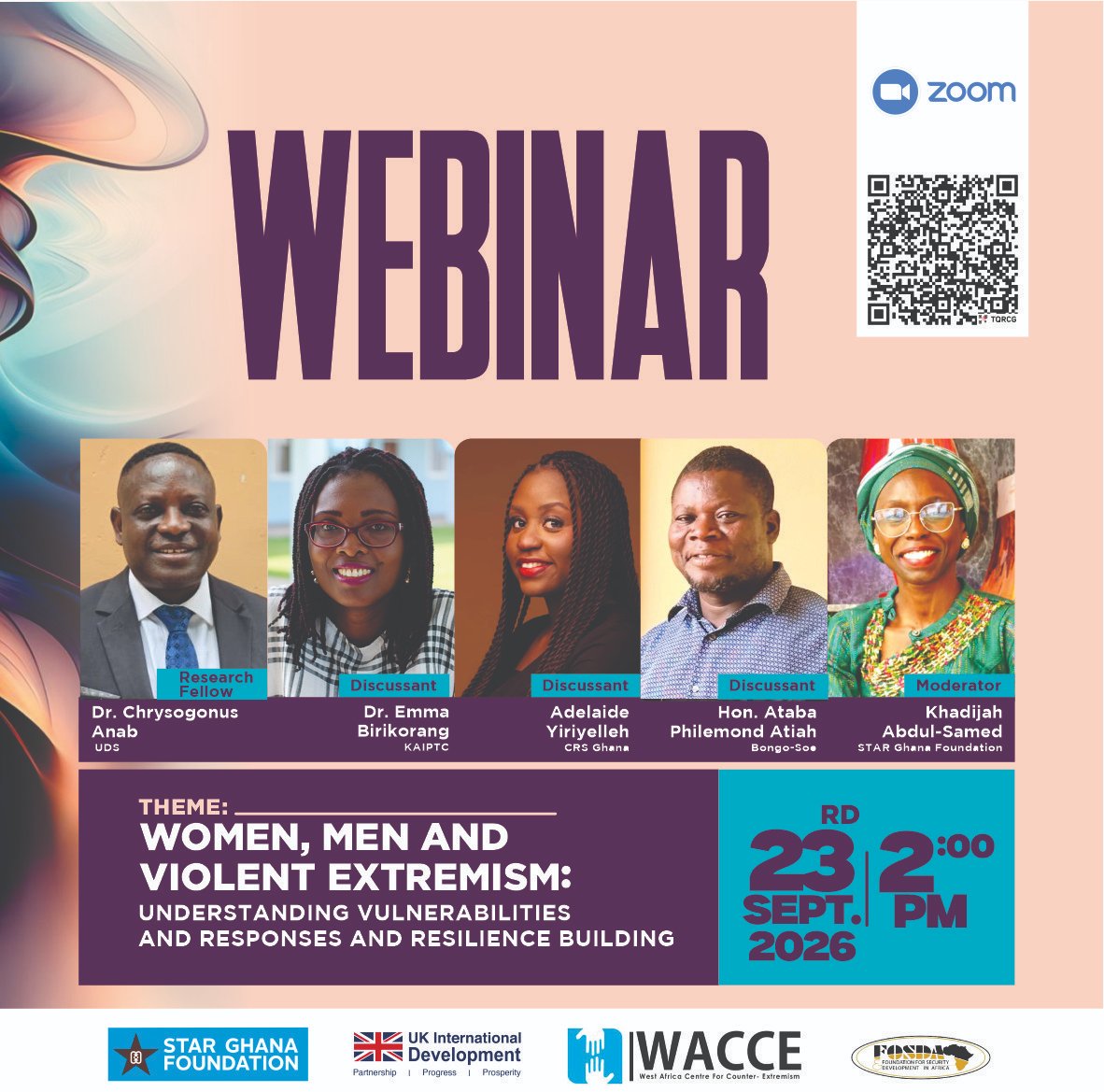 STARGhana's tweet photo. What makes women &amp; men #vulnerable to violent extremism? 
Join @STARGhana, in collaboration with @wacce__gh &amp; @fosdagh, for a webinar exploring research on gender, #vulnerability, responses &amp; resilience.
23 Sept 2026
2:00pm GMT
💻 Zoom
Register: https://t.co/eobUltvh5z 
#PVE https://t.co/P3nA6L4u63