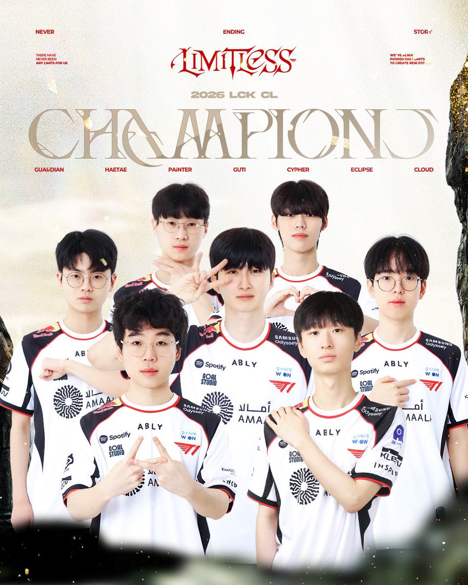 T1LoL's tweet photo. 𝟐𝟎𝟐𝟔 𝐋𝐂𝐊 𝐂𝐋 𝐂𝐇𝐀𝐌𝐏𝐈𝐎𝐍𝐒

T1A are your LCK CL Champions!🏆

T1A가 2026 LCK CL 챔피언 자리에 오르며, 이번 시즌을 가장 높은 자리에서 마무리합니다. 내내 흔들림 없는 기량을 증명해 낸 선수들과 든든한 버팀목이 되어준 코칭스태프에게 뜨거운 축하를 보내주세요! 저희는 이 우승을 발판 삼아 더 큰 무대를 향해 나아가겠습니다.

2026 LCK CL Champions! T1A finishes the season at the absolute top! Immense pride in our players for an elite, dominant performance and to the coaching staff who guided them every step of the way. We’re taking this momentum straight to even greater heights!

#TogetherAs1