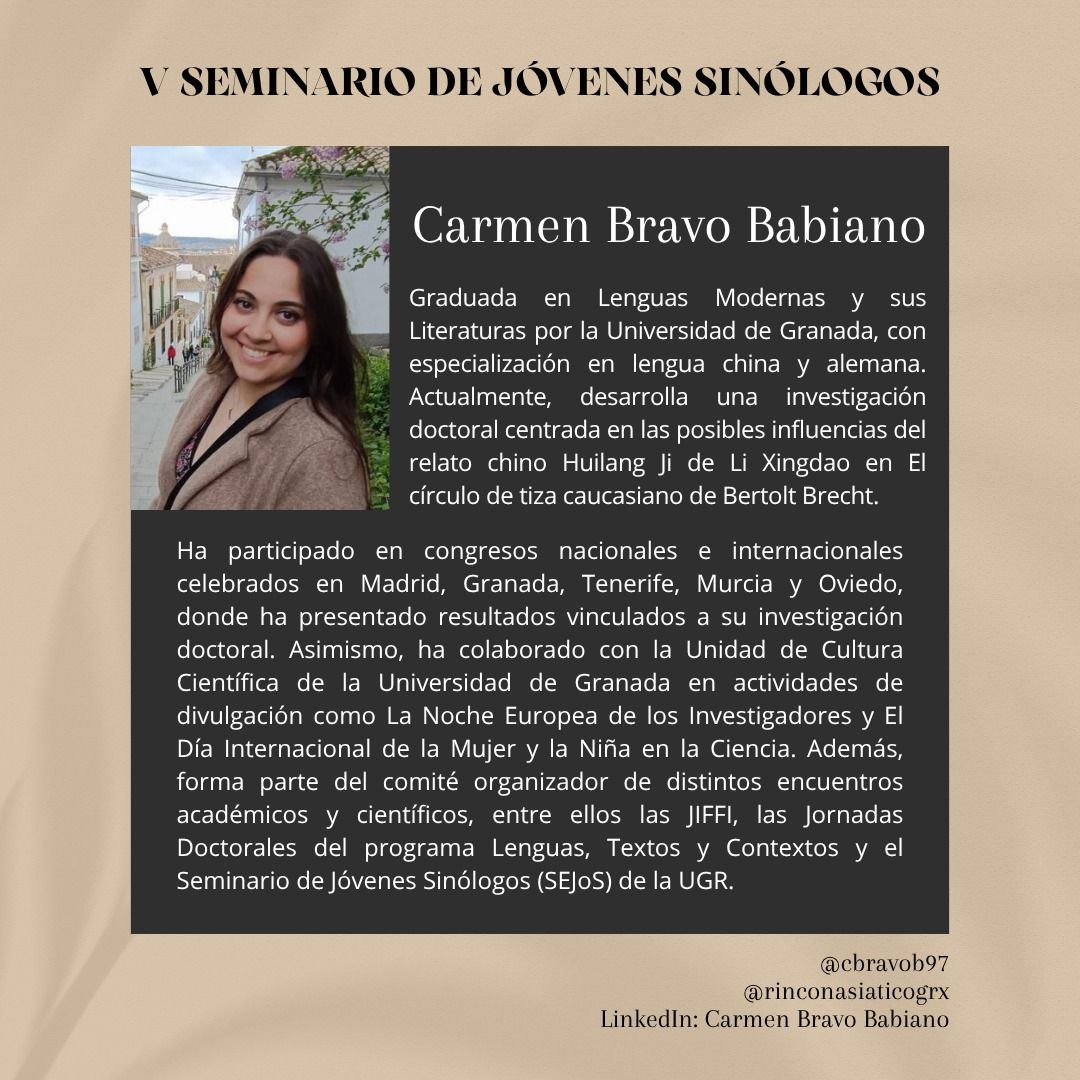 JSinologos's tweet photo. 🟡 Nos complace anunciar a Carmen Bravo Babiano como ponente del V Seminario de Jóvenes Sinólogos #VSeJoS. https://t.co/dRAnryMa6a